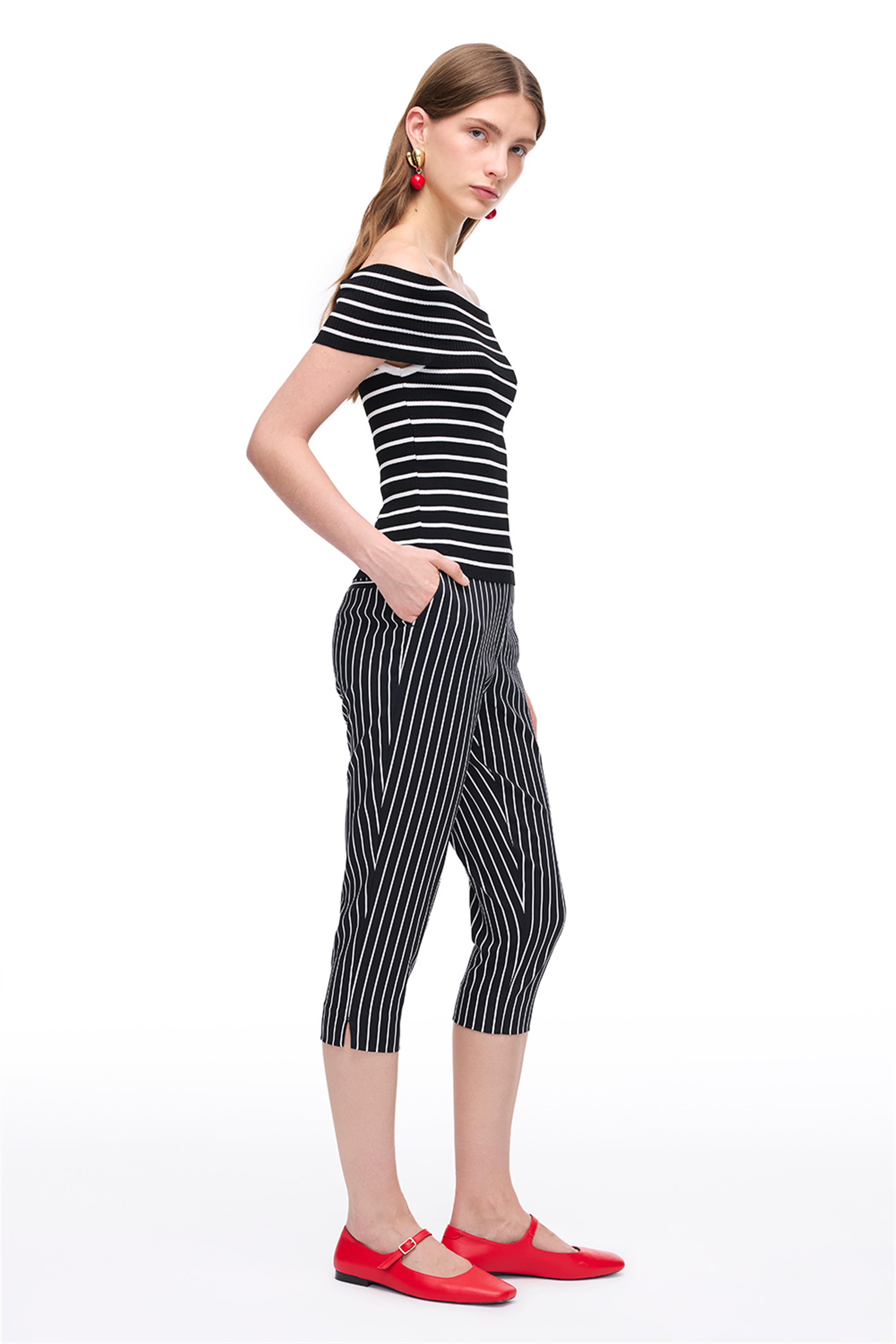 Siyah Beyaz Çizgili Yüksek Bel Pamuklu Pantolon