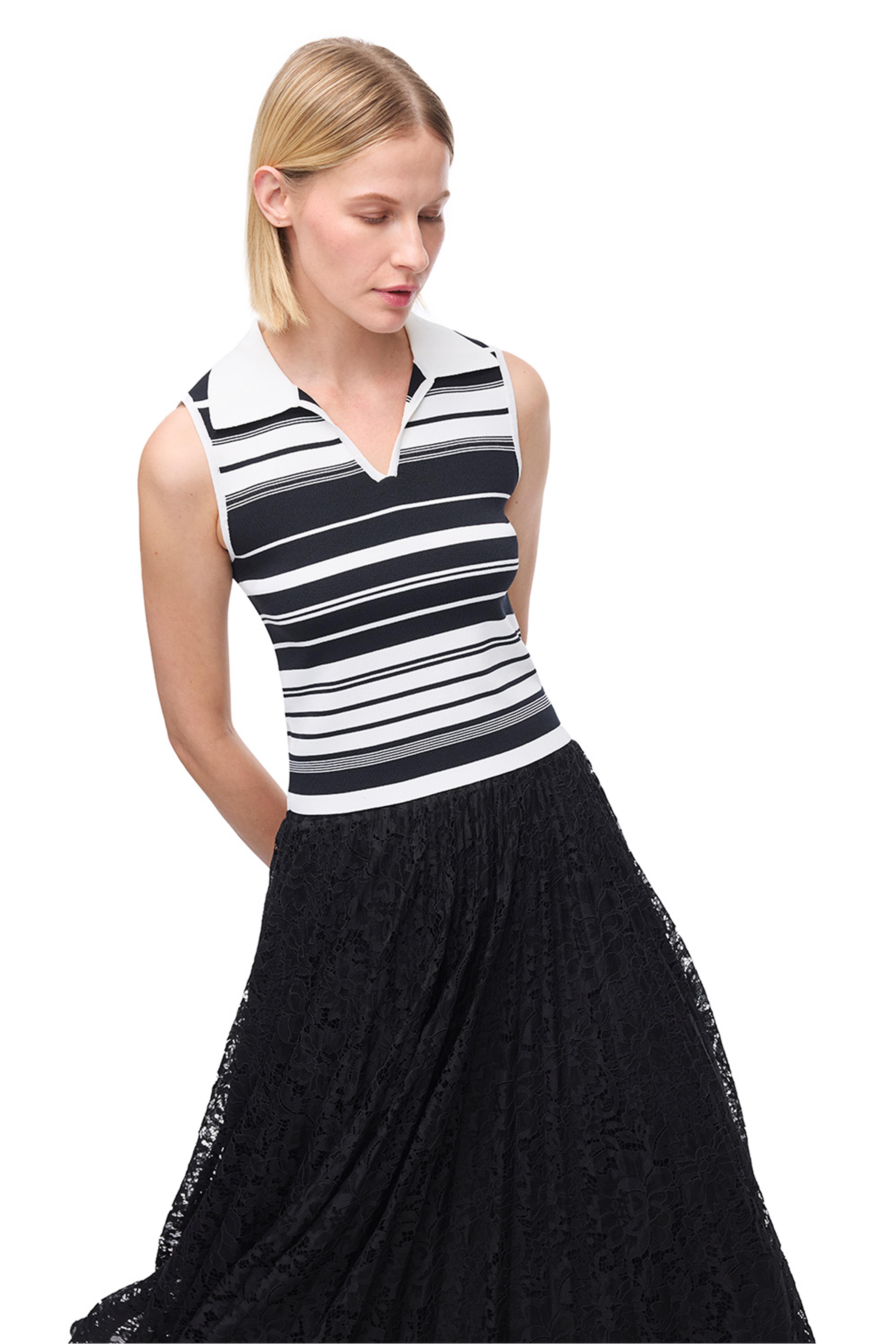 Siyah Beyaz Gömlek Yaka Çizgili Triko Bluz