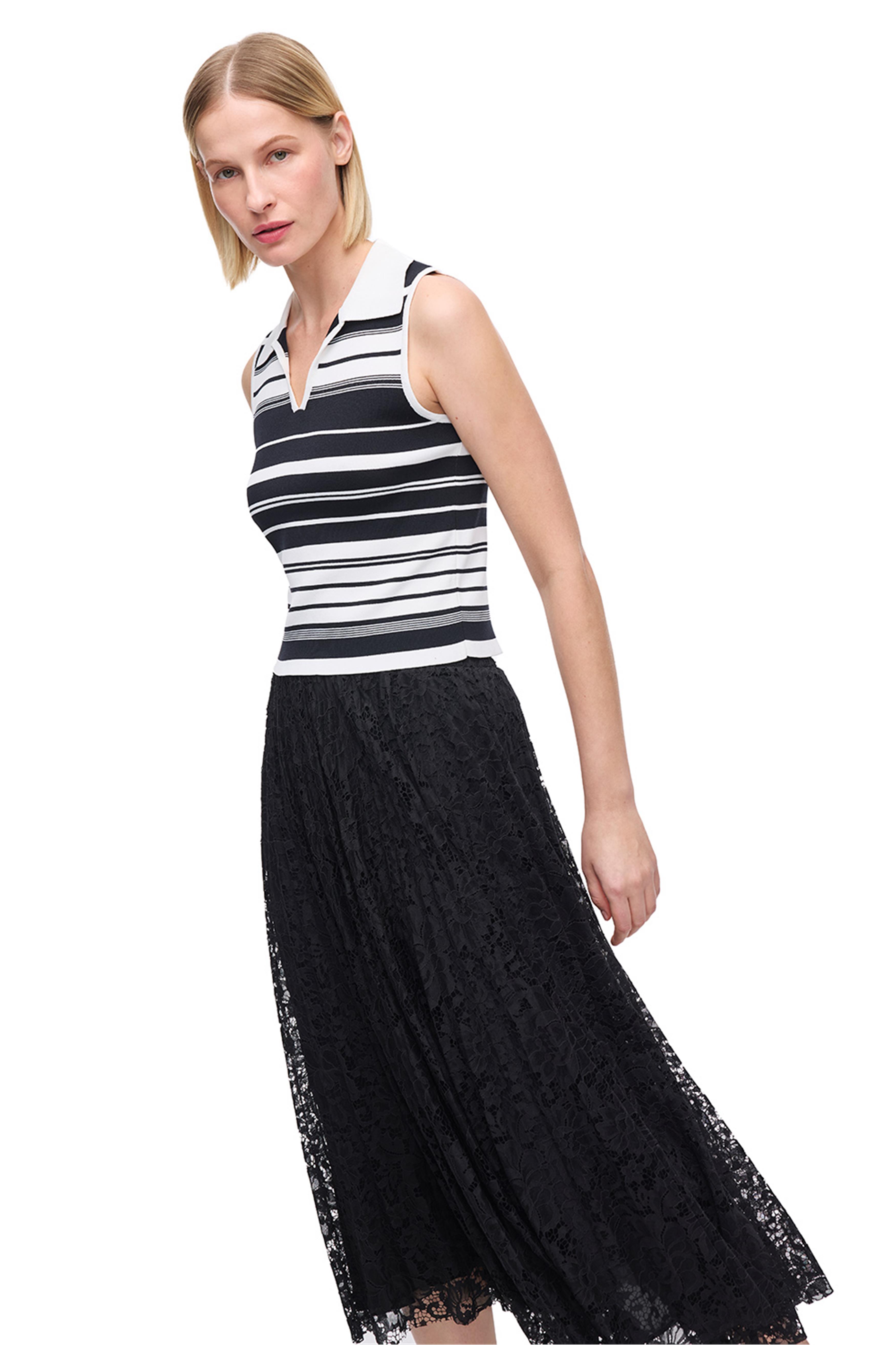 Siyah Beyaz Gömlek Yaka Çizgili Triko Bluz