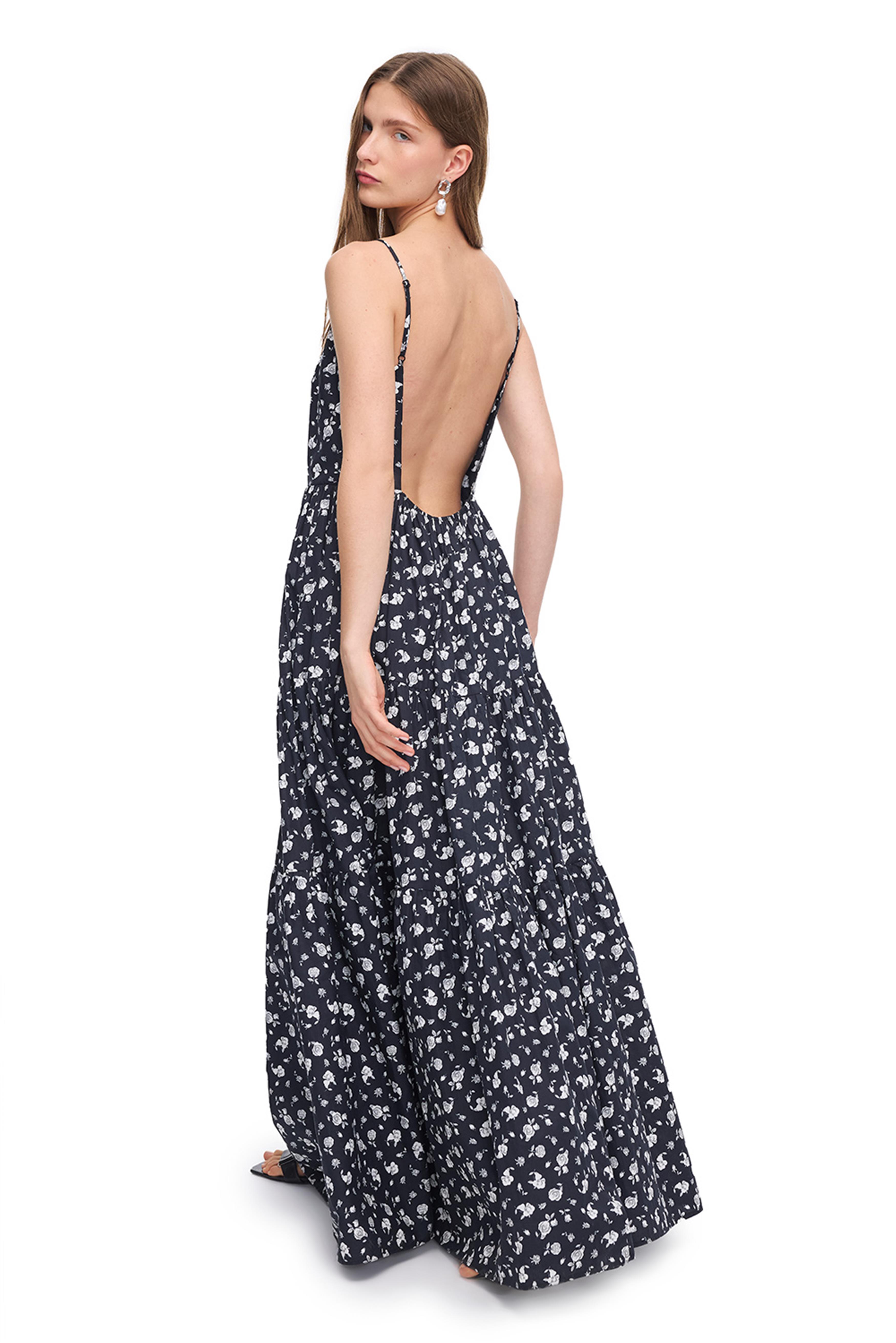 Siyah Beyaz Tonias Rahat Kalıp Çiçekli Uzun Boy Elbise