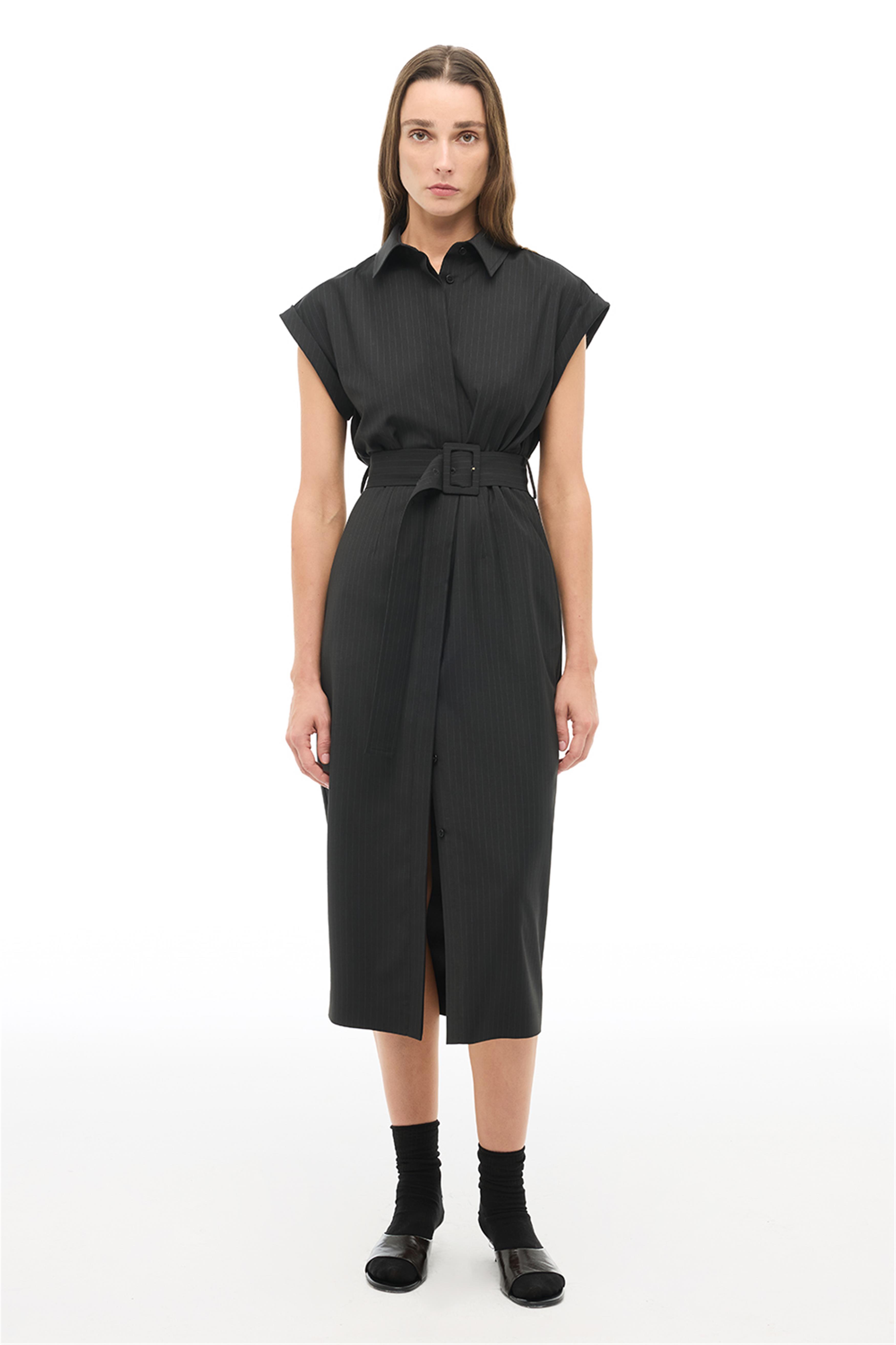 Siyah Çizgili Gömlek Yaka Midi Boy Elbise