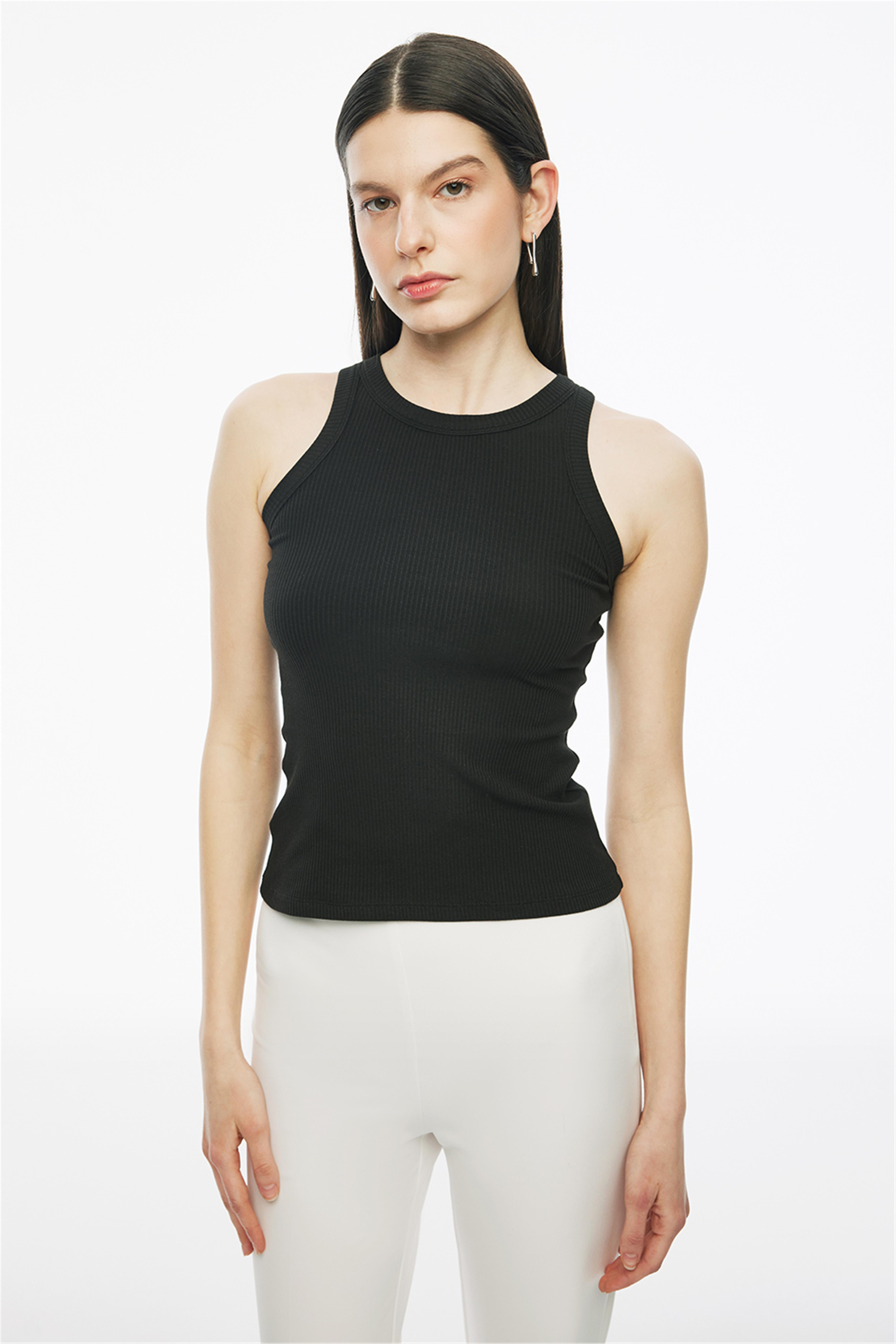 Siyah Daminas Slim Fit Bisiklet Yaka Sıfır Kol Bluz