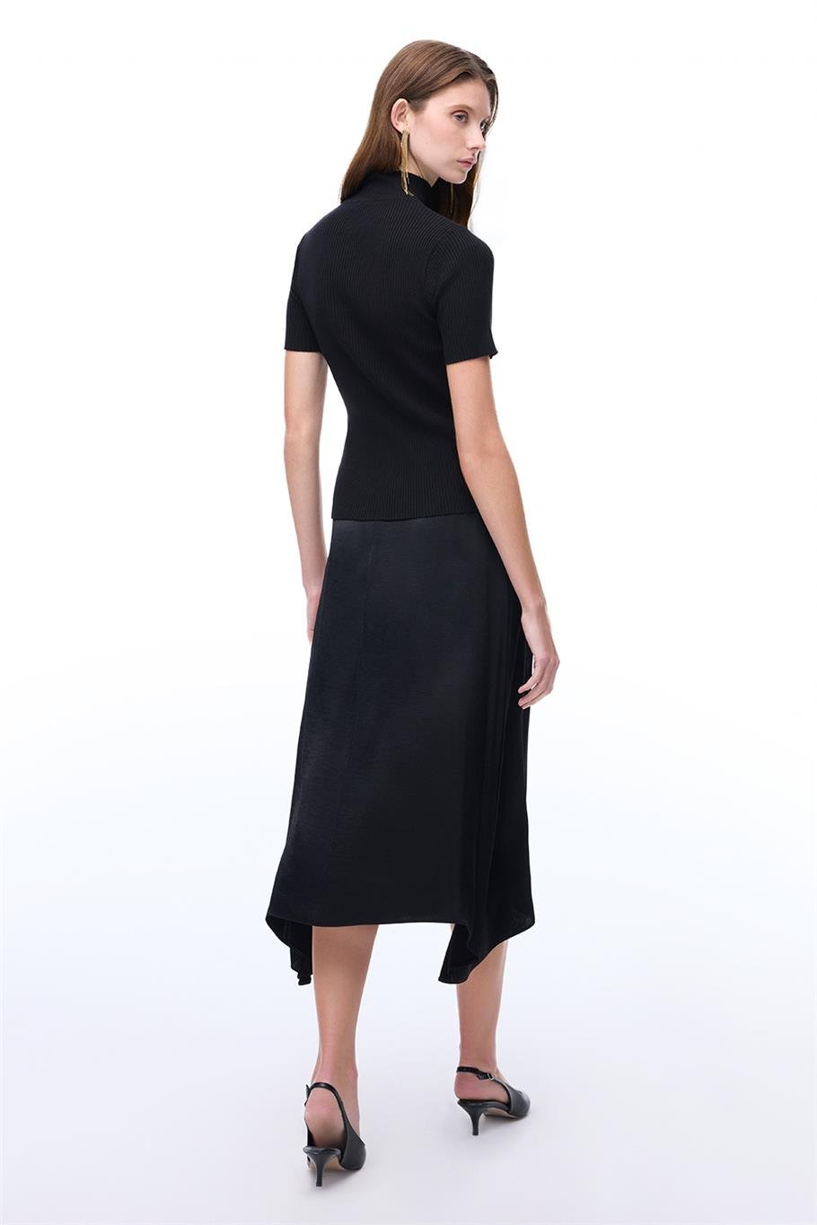 Siyah Fermuarlı Yüksek Bel Midi Etek