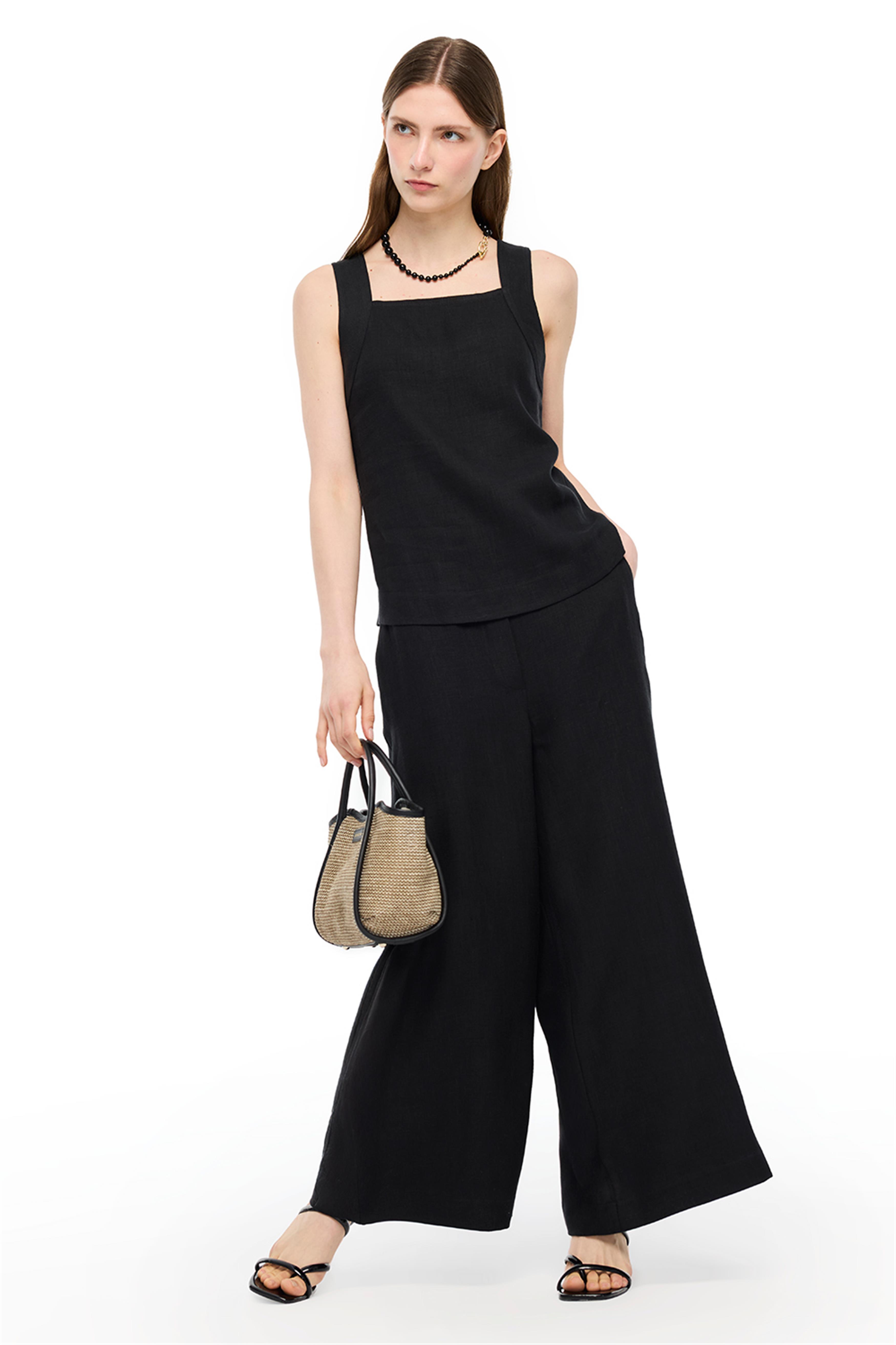 Siyah Keten Rahat Kalıp Pantolon