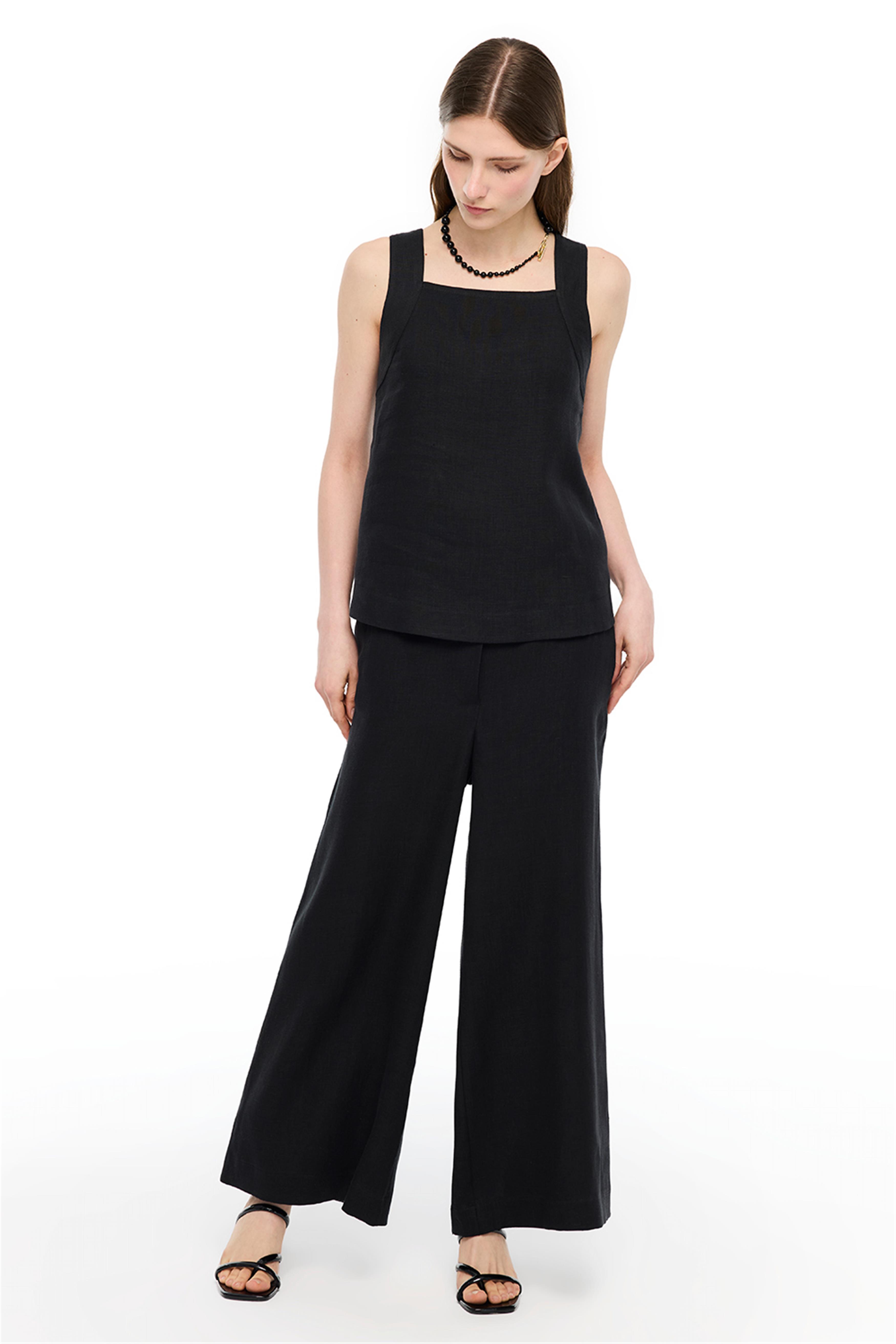 Siyah Keten Rahat Kalıp Pantolon