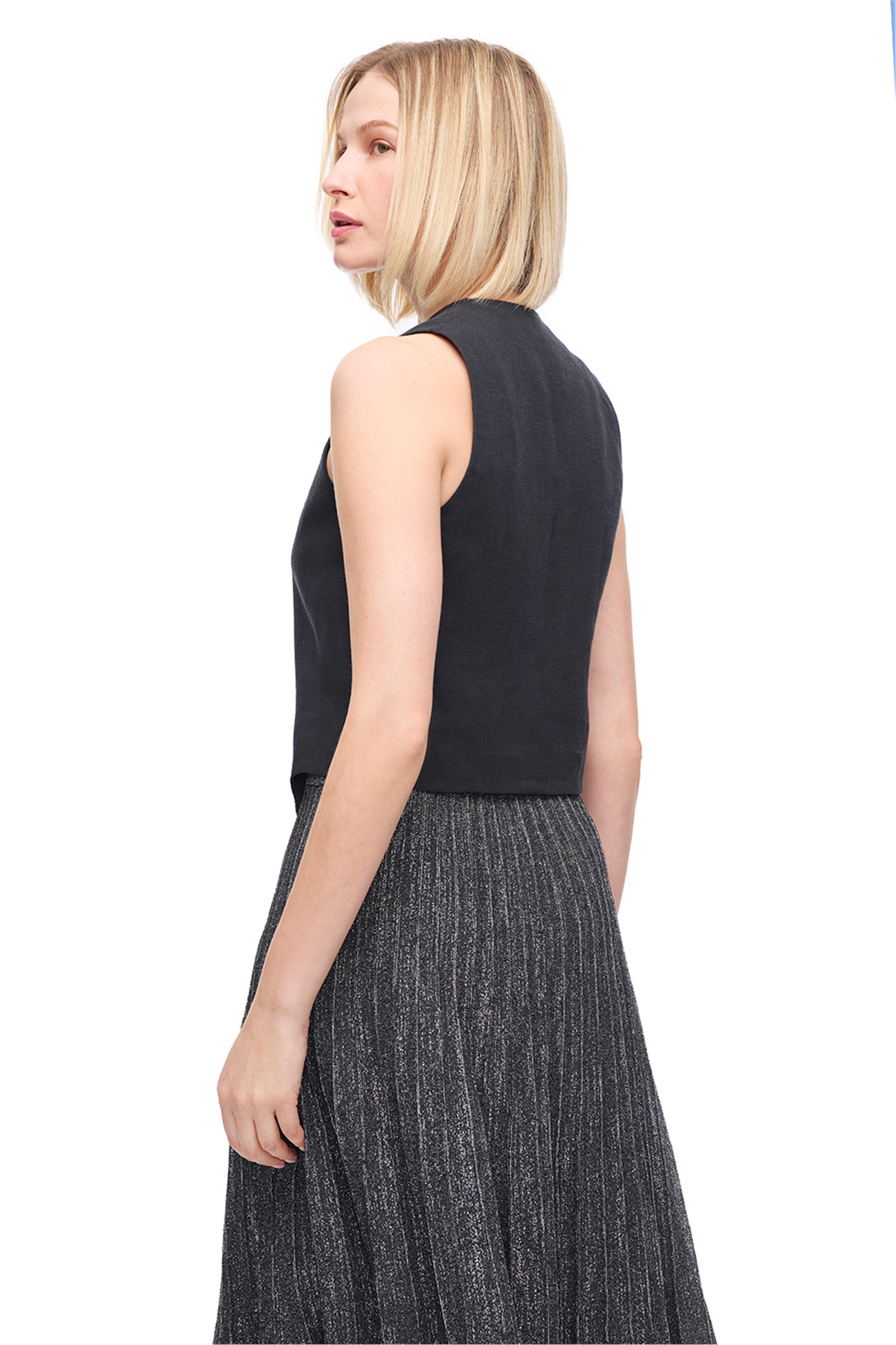 Siyah Keten V Yaka Slim Fit Yelek