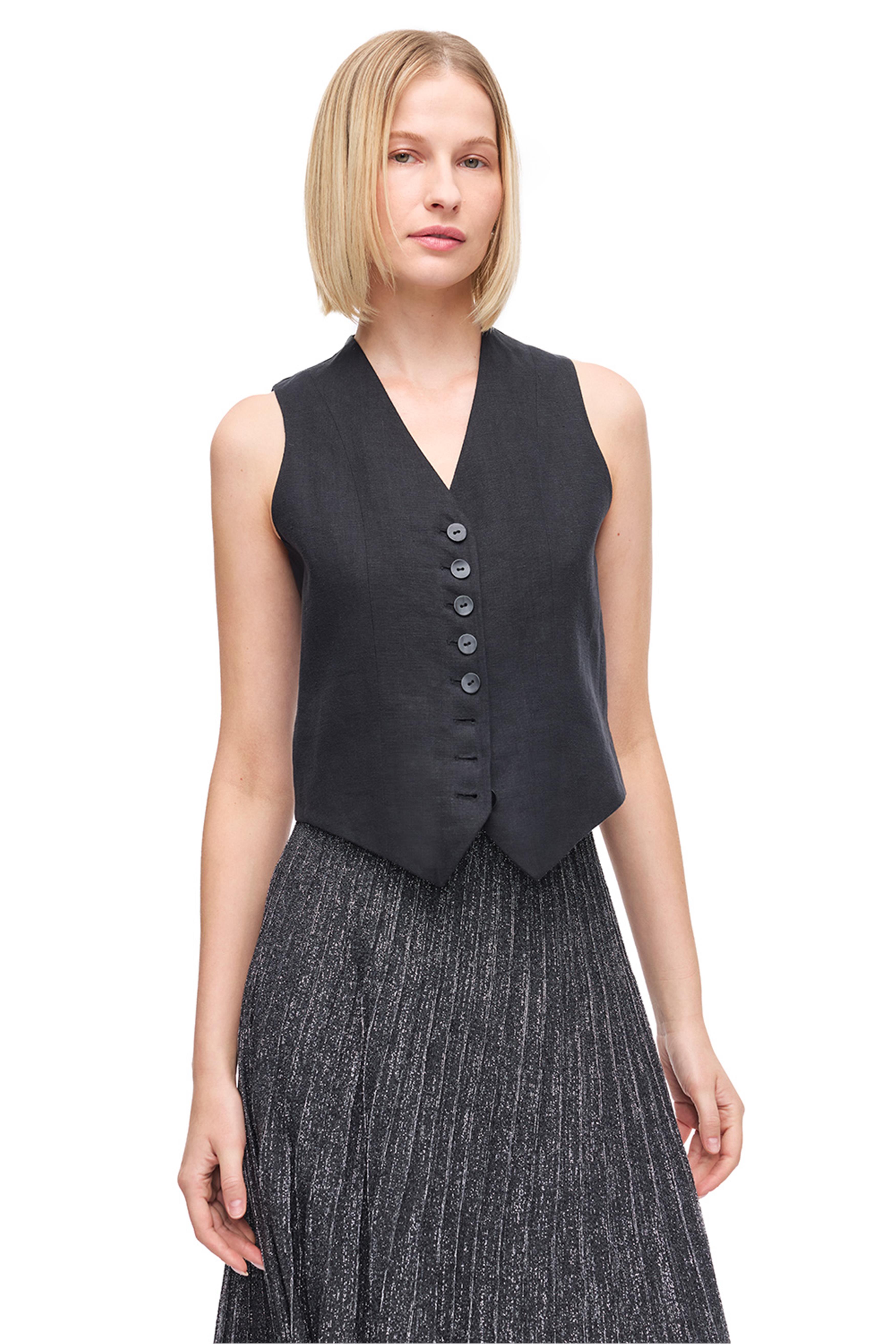 Siyah Keten V Yaka Slim Fit Yelek