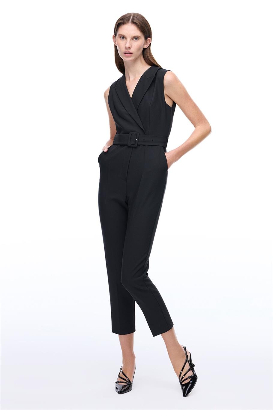 Siyah Klasik Yaka Boru Paça Tulum