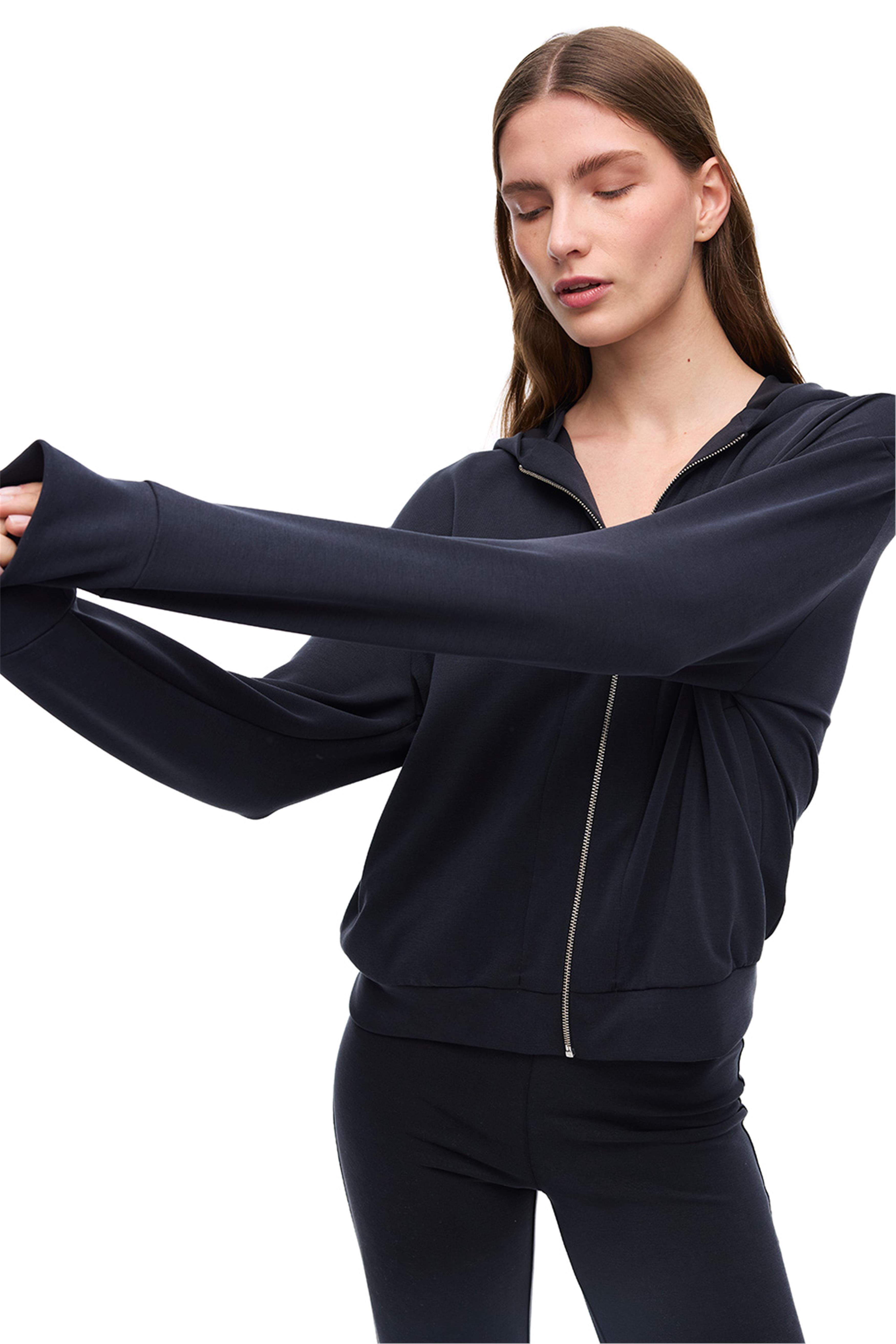 Siyah Modal Karışımlı Fermuarlı Bisiklet Yaka Üst