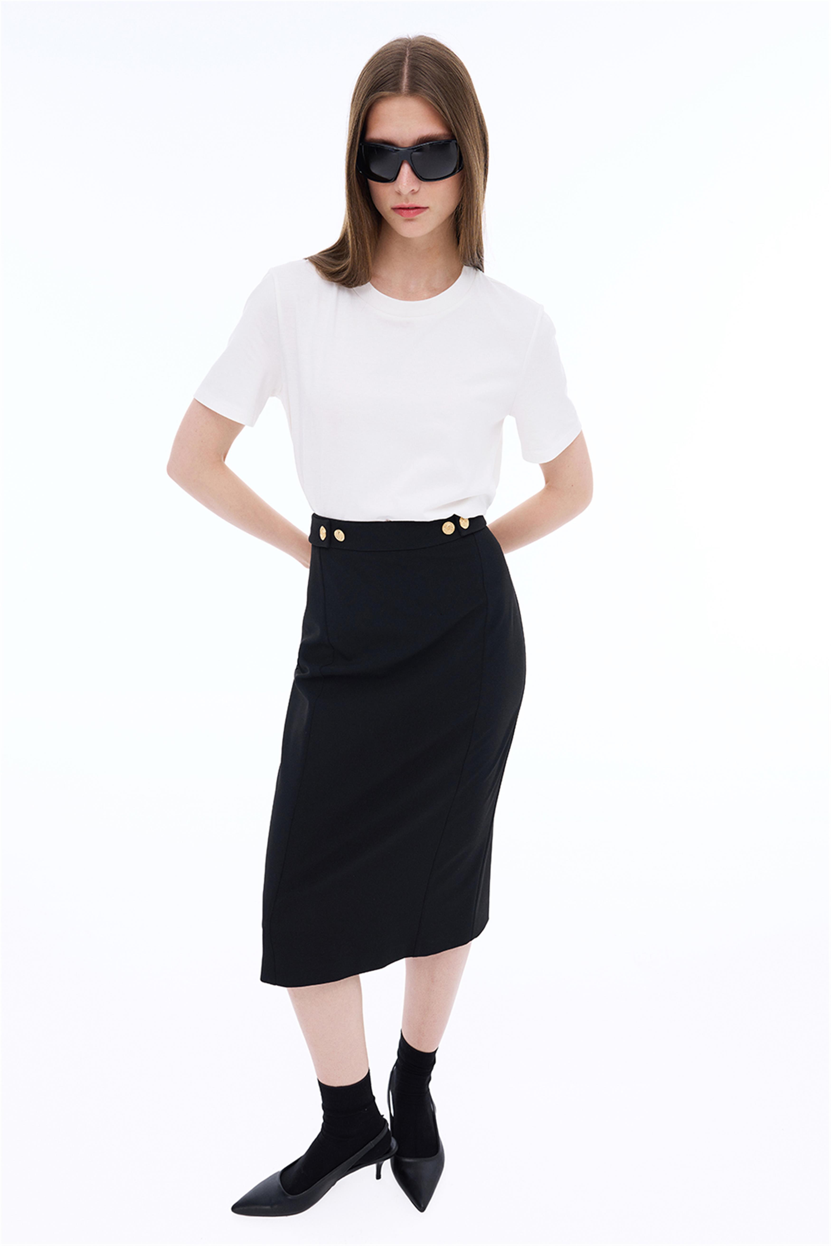 Siyah Orta Bel Slim Fit Diz Altı Etek