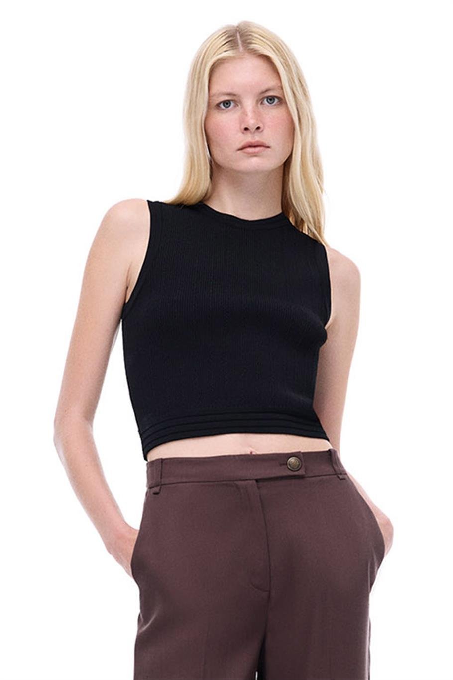 Siyah Slim Fit Crop Triko Bluz