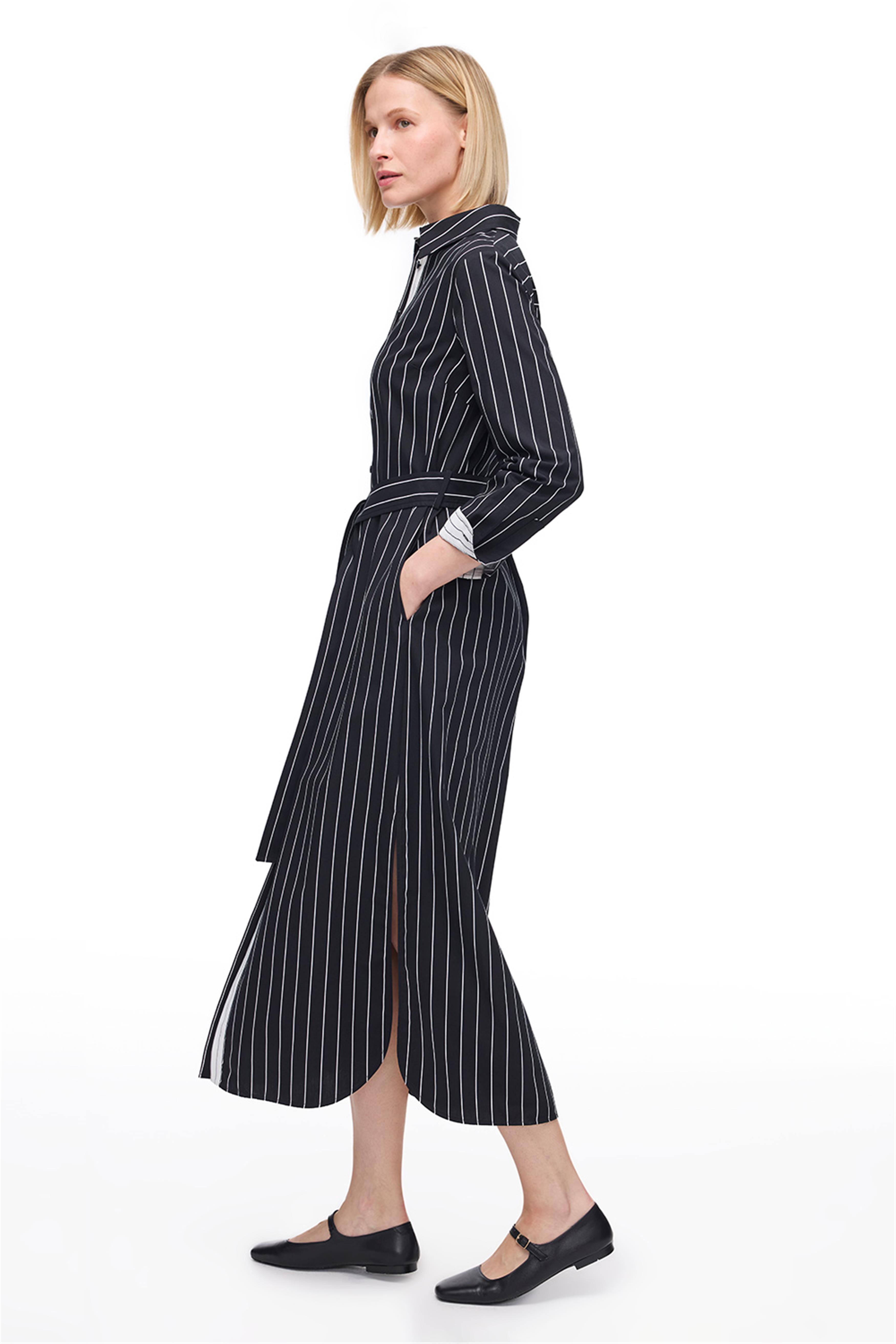 Siyah Uzun Kollu Çizgili Gömlek Elbise