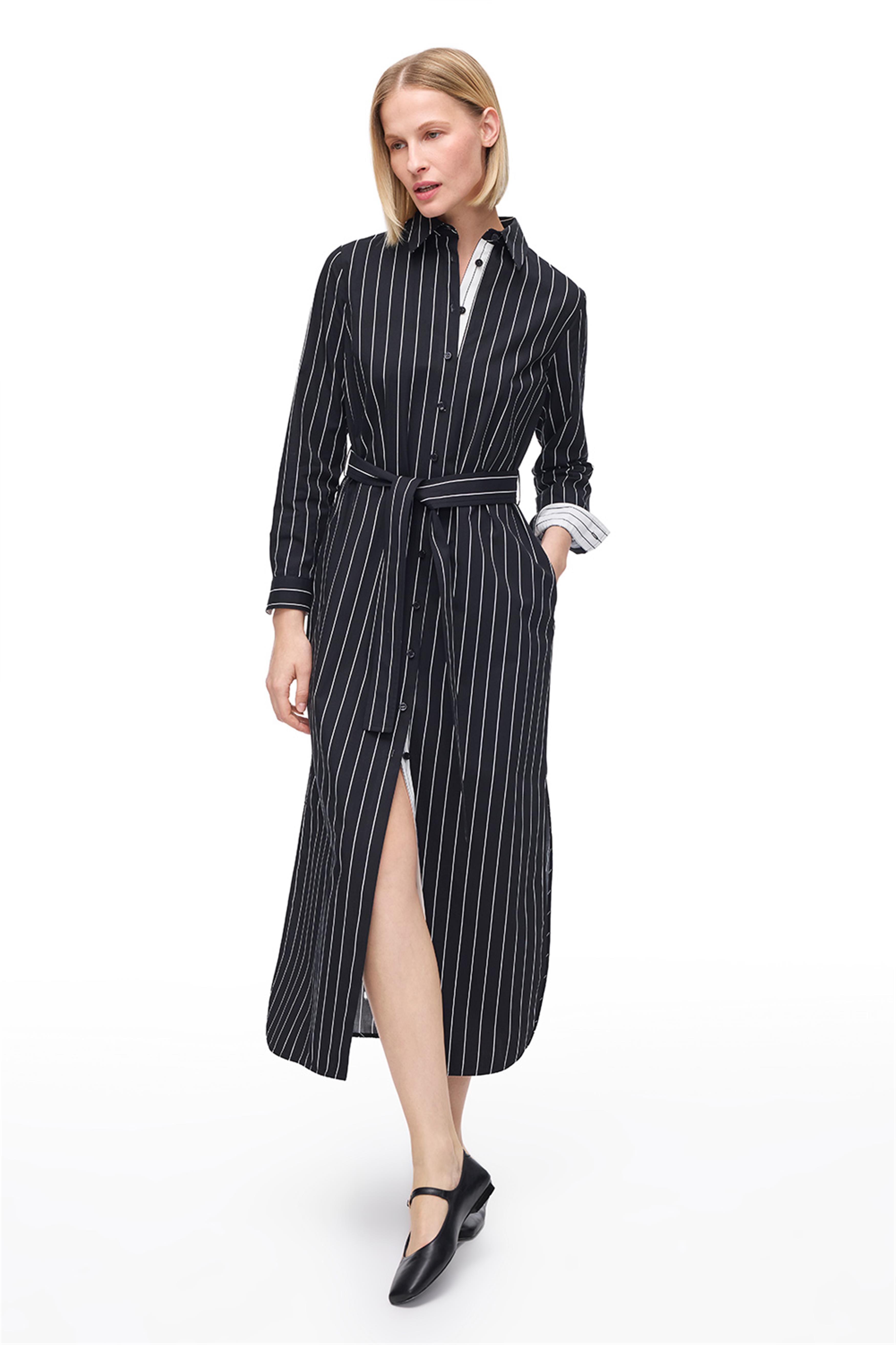 Siyah Uzun Kollu Çizgili Gömlek Elbise