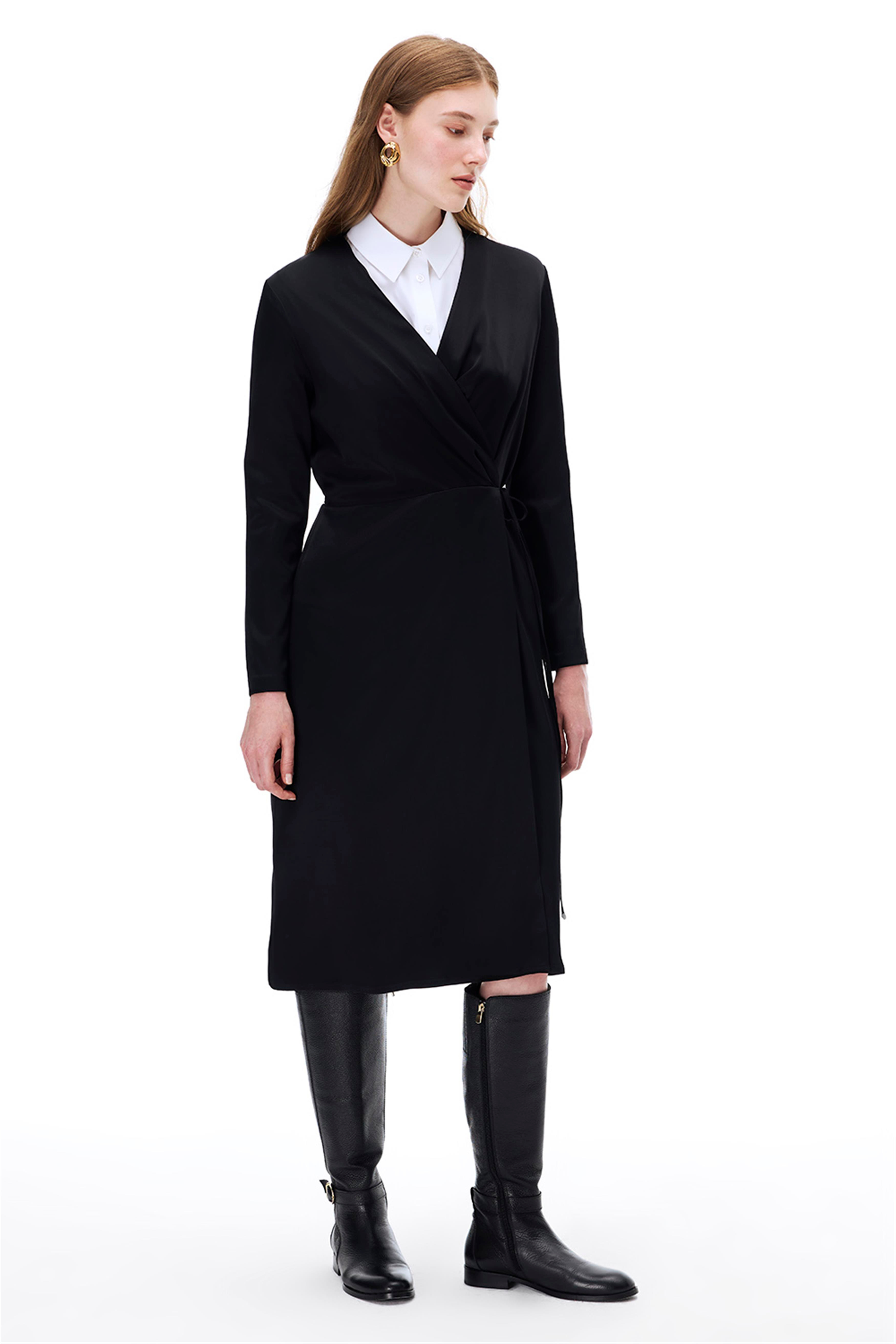 Siyah V-Yaka Bağlamalı Elbise