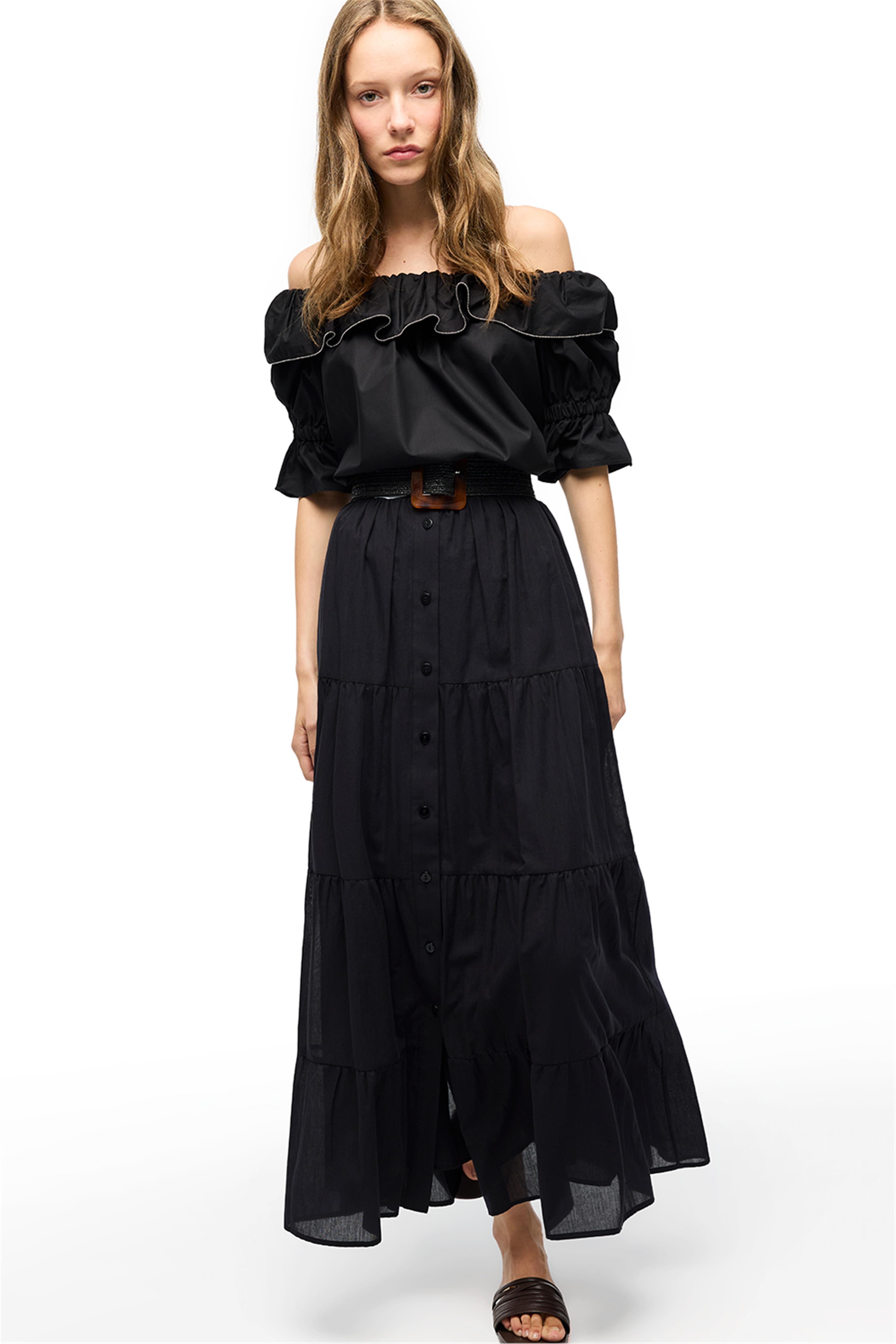 Siyah Yırtmaçlı Uzun Pamuk Etek