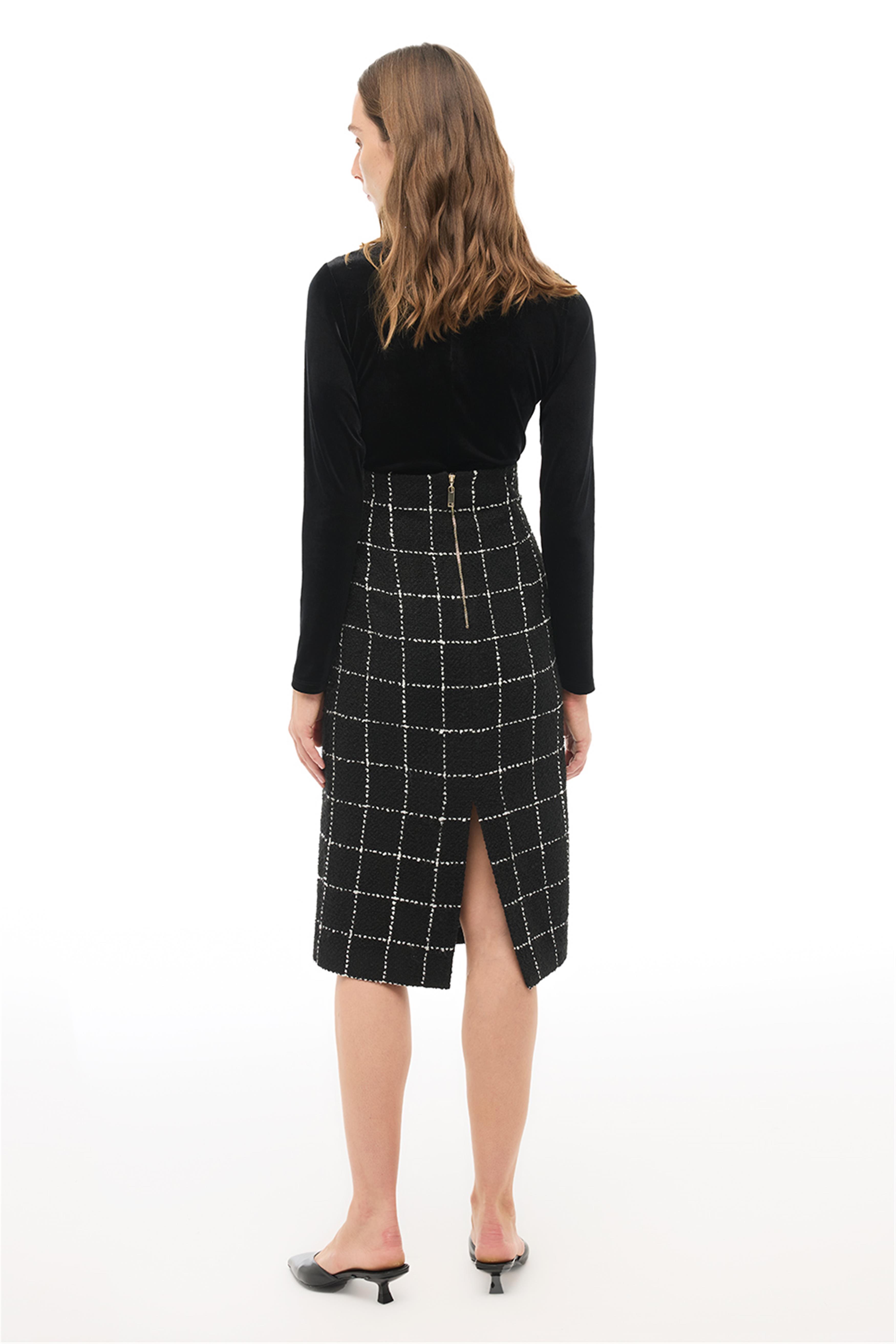 Siyah Yüksek Bel Ekoseli Diz Altı Etek