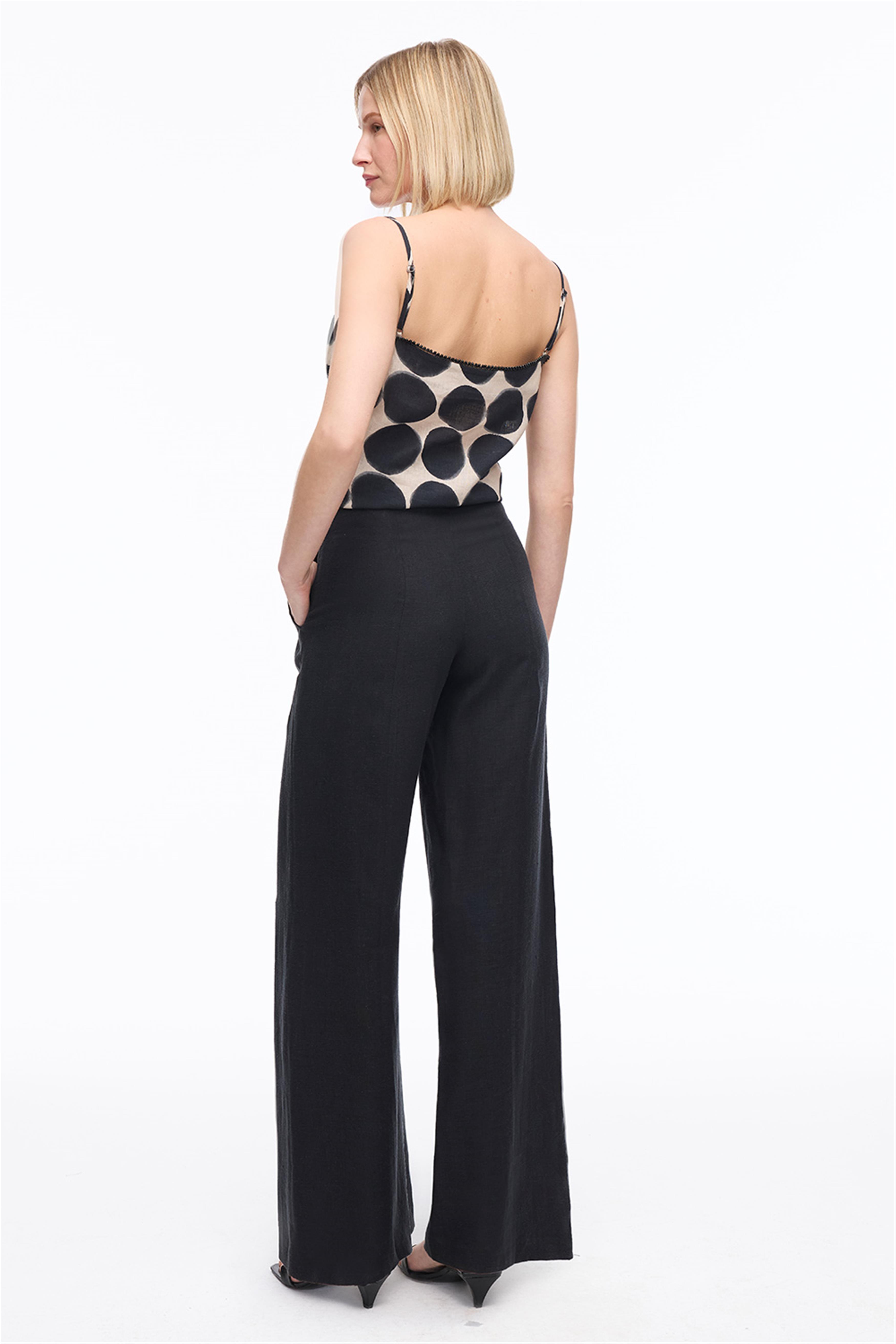 Siyah Yüksek Bel Pamuklu Geniş Paça Pantolon