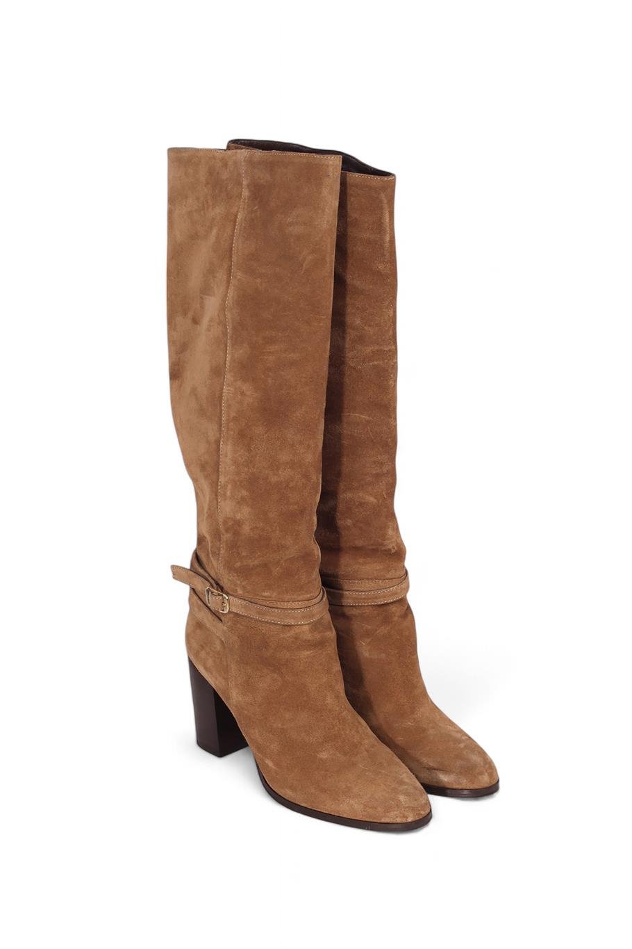 Taba Süet Kemer Detaylı Topuklu Çizme