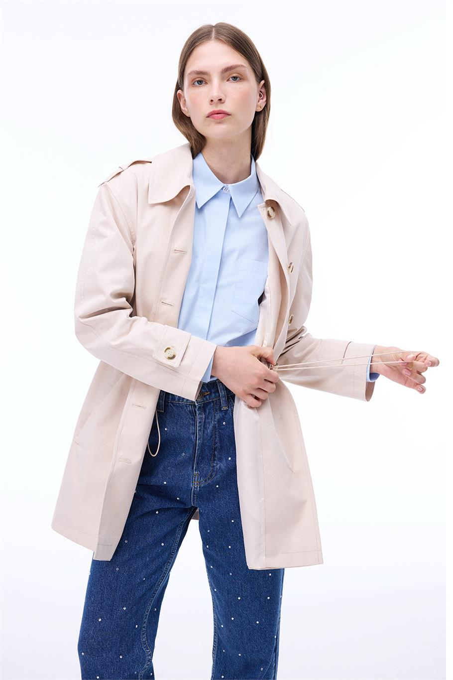 Talisman Regular Fit Takma Kol Bej Renk Trenckot