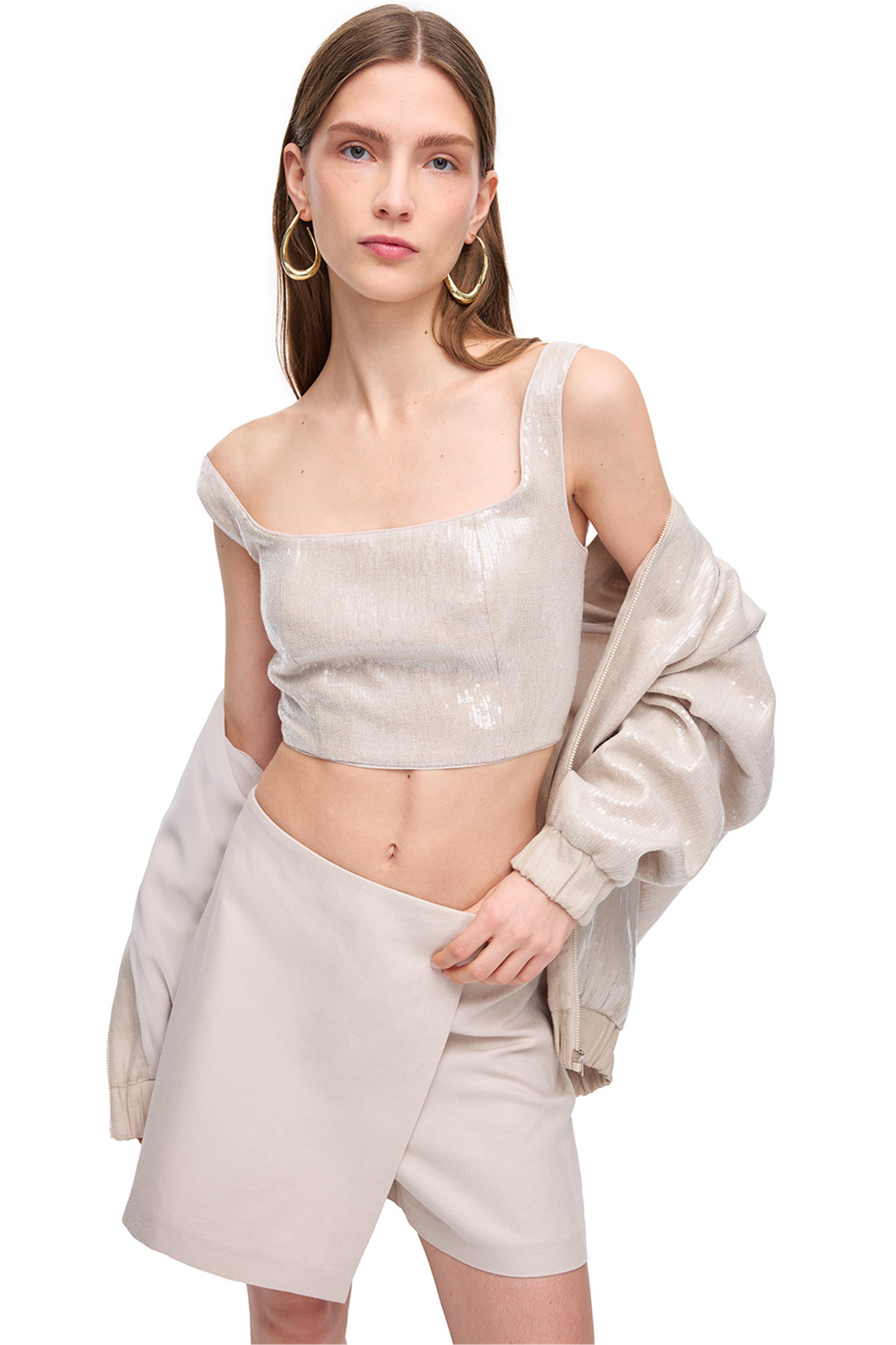 Taş Fermuarlı Askılı Keten Crop Bluz