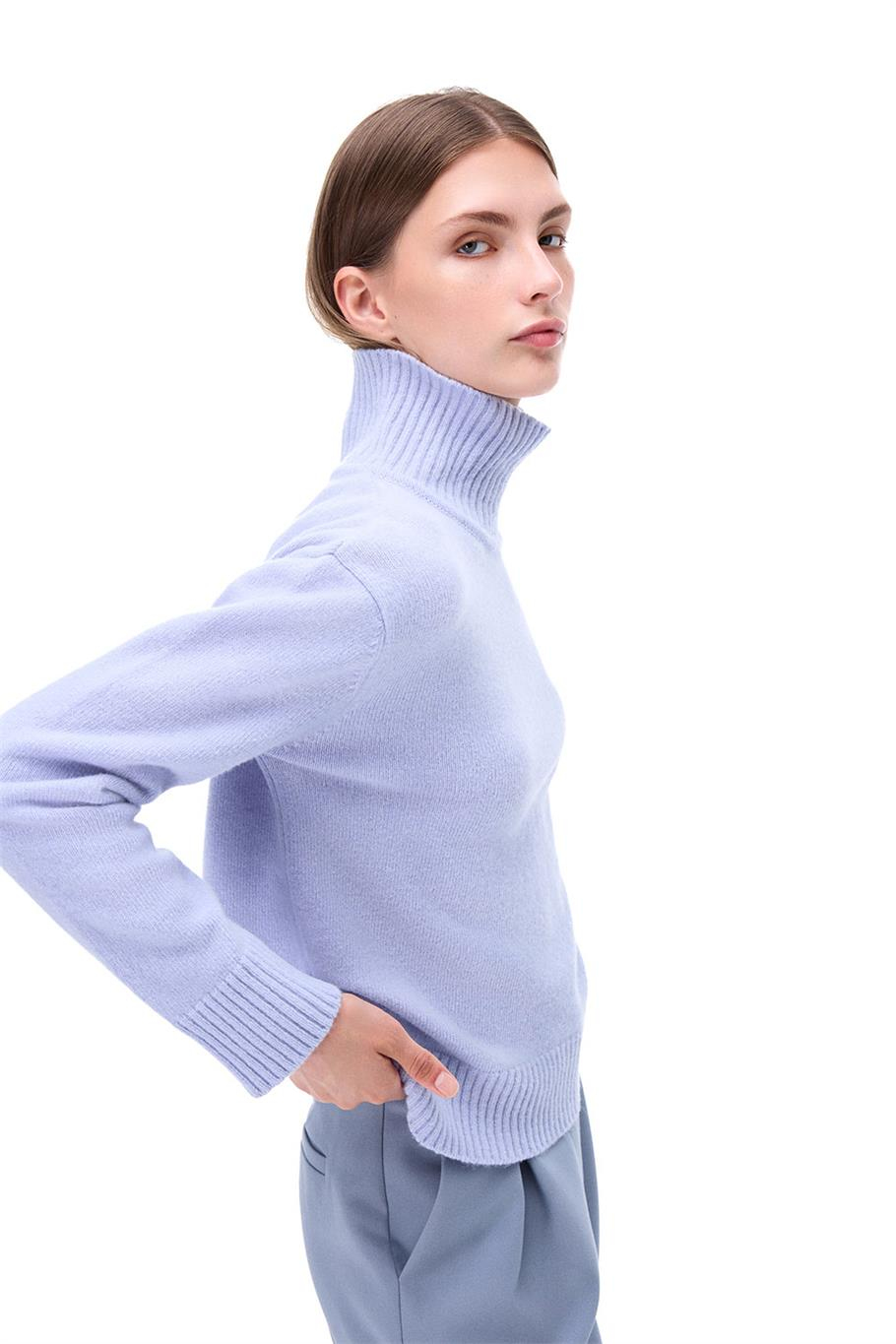 Triko Rahat Kalıp Standart Boy Düşük Kollu Dik Yaka Bebe mavısı Kazak