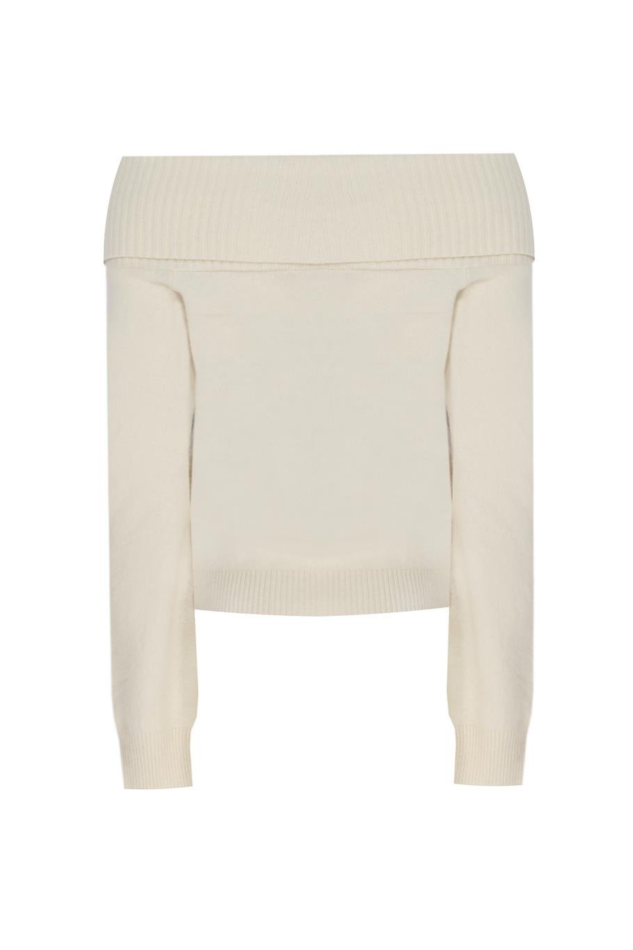 Triko Rahat Kalıp Standart Boy Reglan Kol Kayık Yaka Ekru Bluz