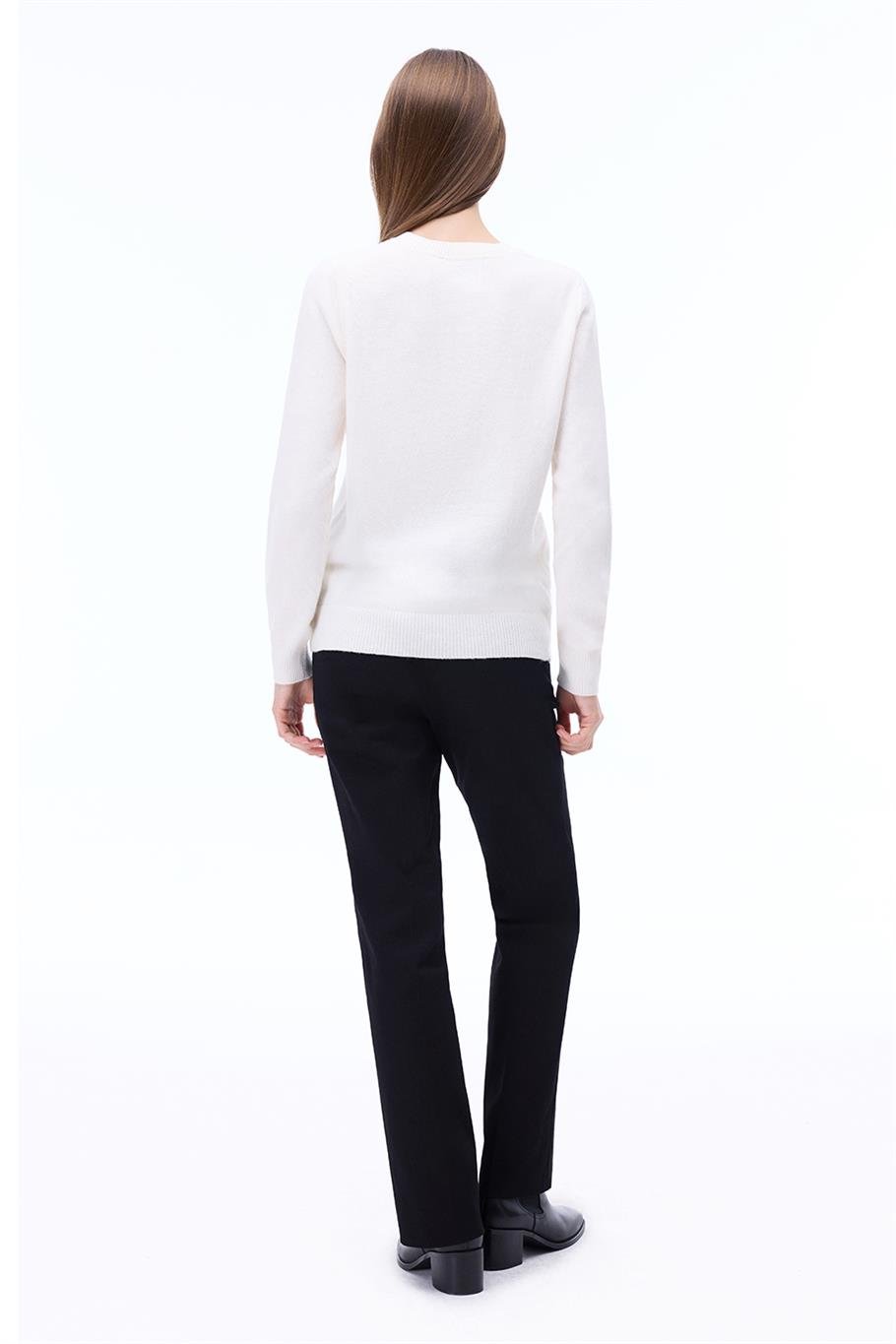 Triko Rahat Kalıp Standart Boy Takma Kol Bisiklet Yaka Ekru Kazak