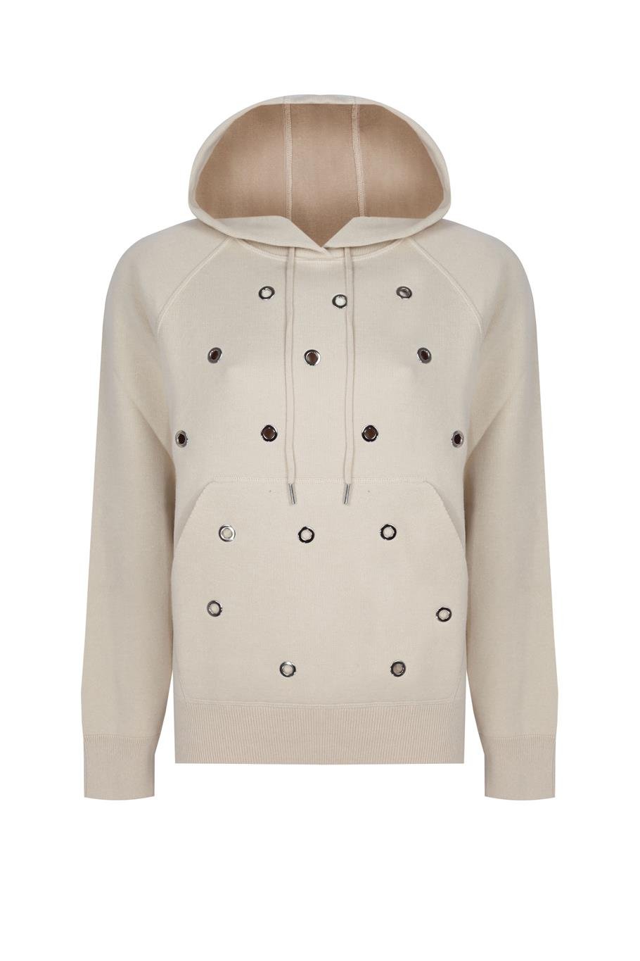 Triko Regular Fit Standart Boy Reglan Kol Kapüşonlu Bej Kazak