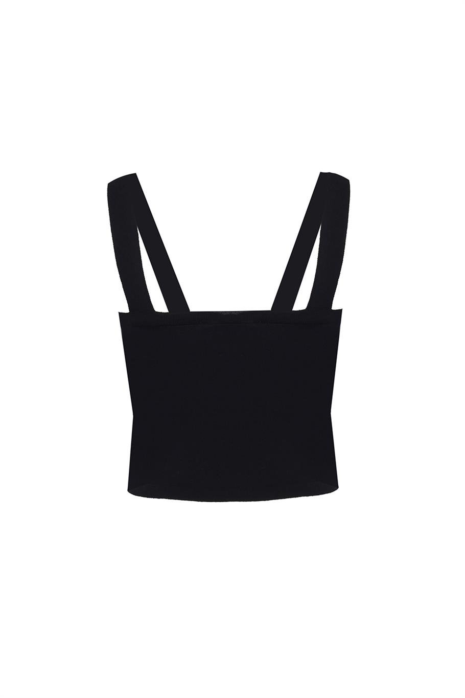 Triko Skinny Fit Crop Boy Askılı Kare Yaka Siyah Bluz