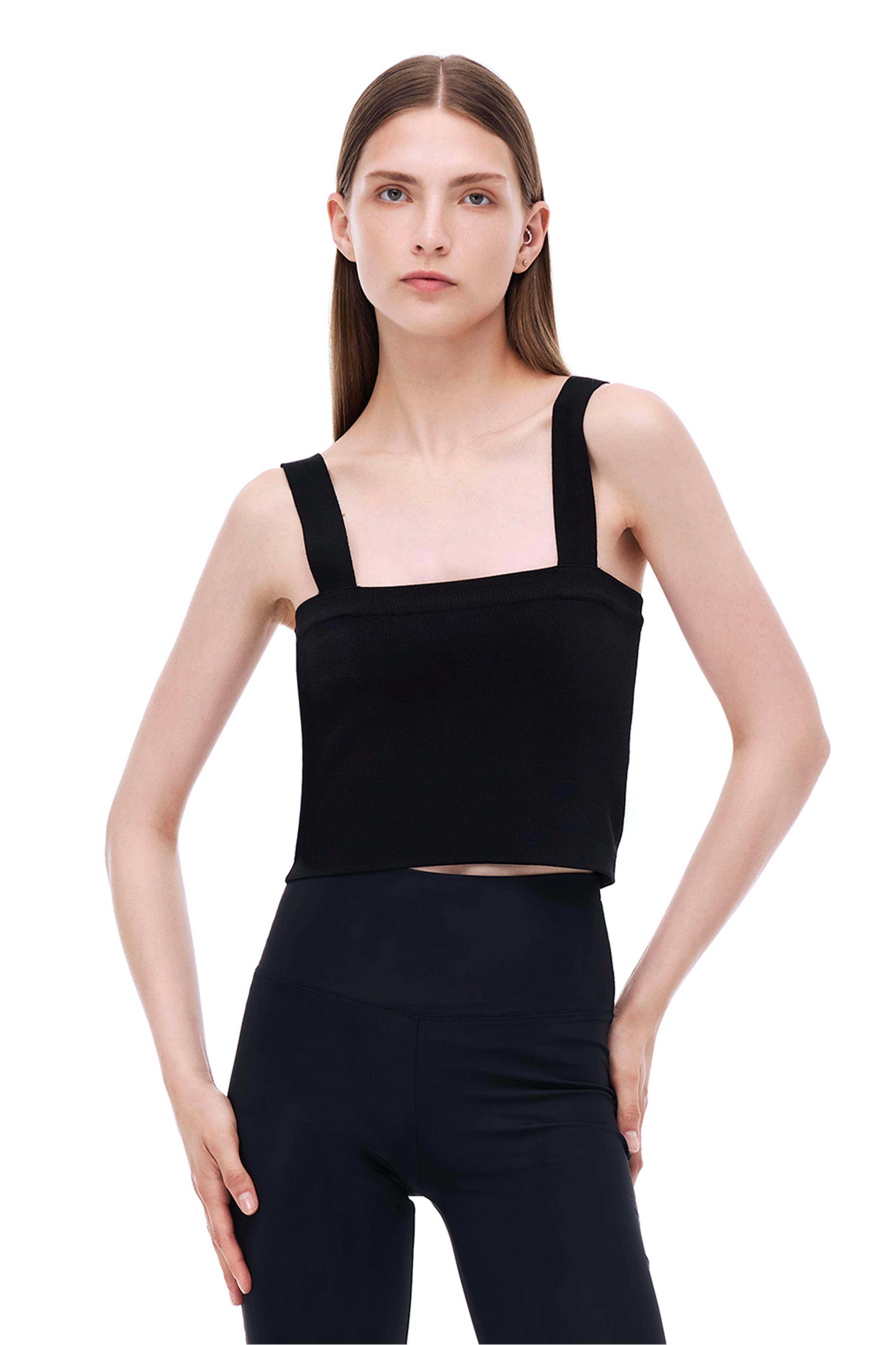 Triko Skinny Fit Crop Boy Askılı Kare Yaka Siyah Bluz