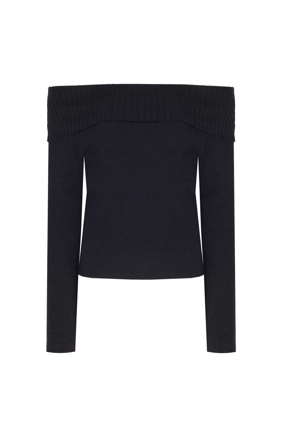 Triko Slim Fit Standart Boy Reglan Kol Kayık Yaka Siyah Bluz