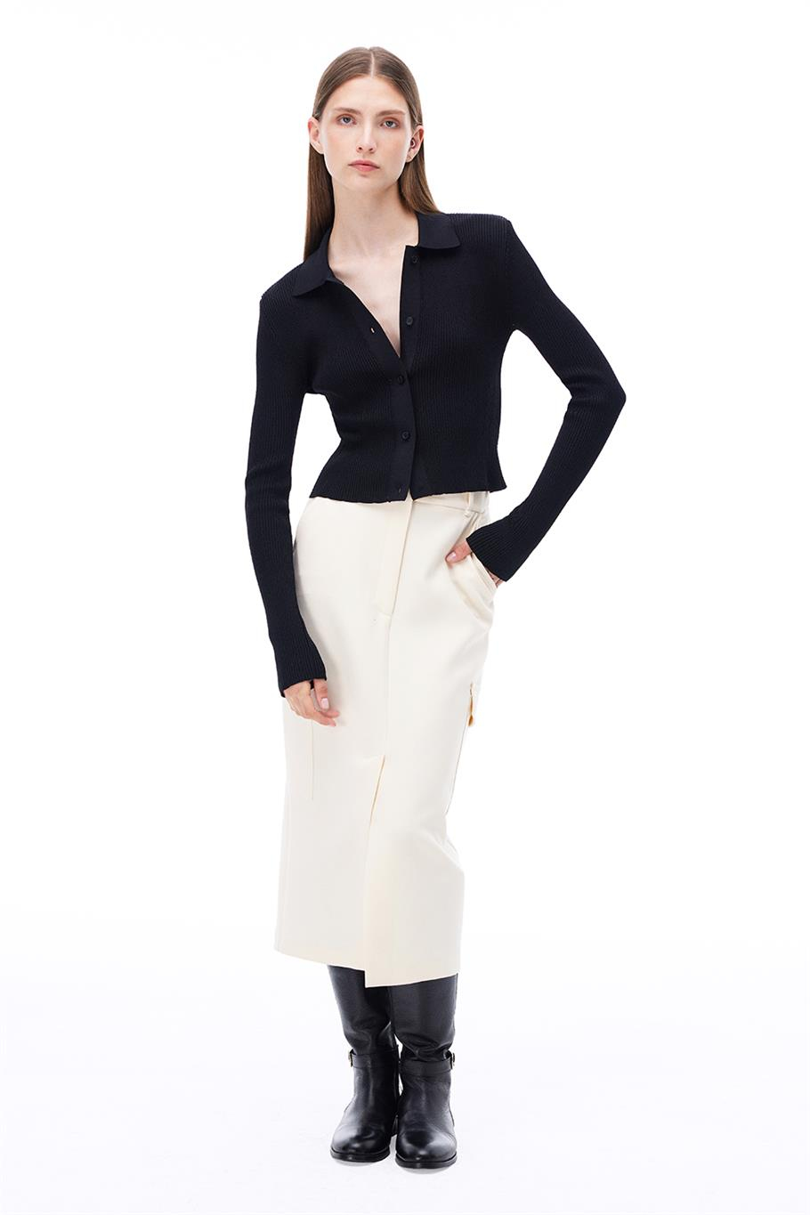 Triko Slim Fit Standart Boy Takma Kol Gömlek Yaka Siyah Bluz