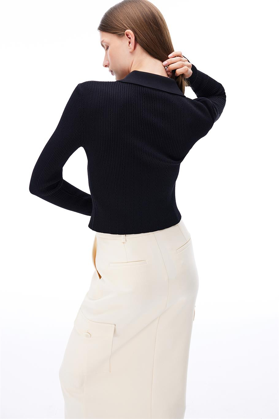 Triko Slim Fit Standart Boy Takma Kol Gömlek Yaka Siyah Bluz