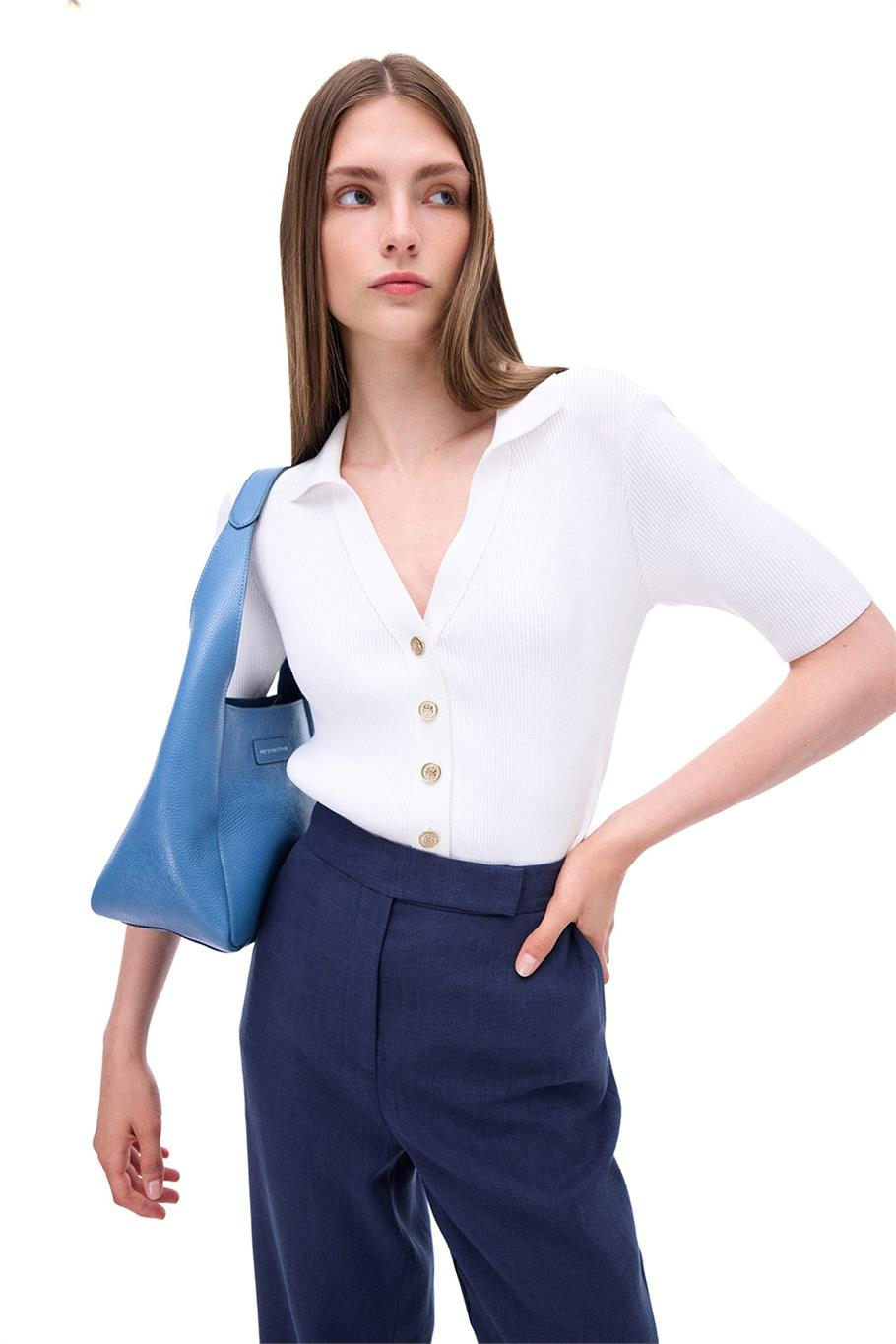Triko Slim Fit Standart Boy Takma Kol Gömlek Yaka Ekru Bluz