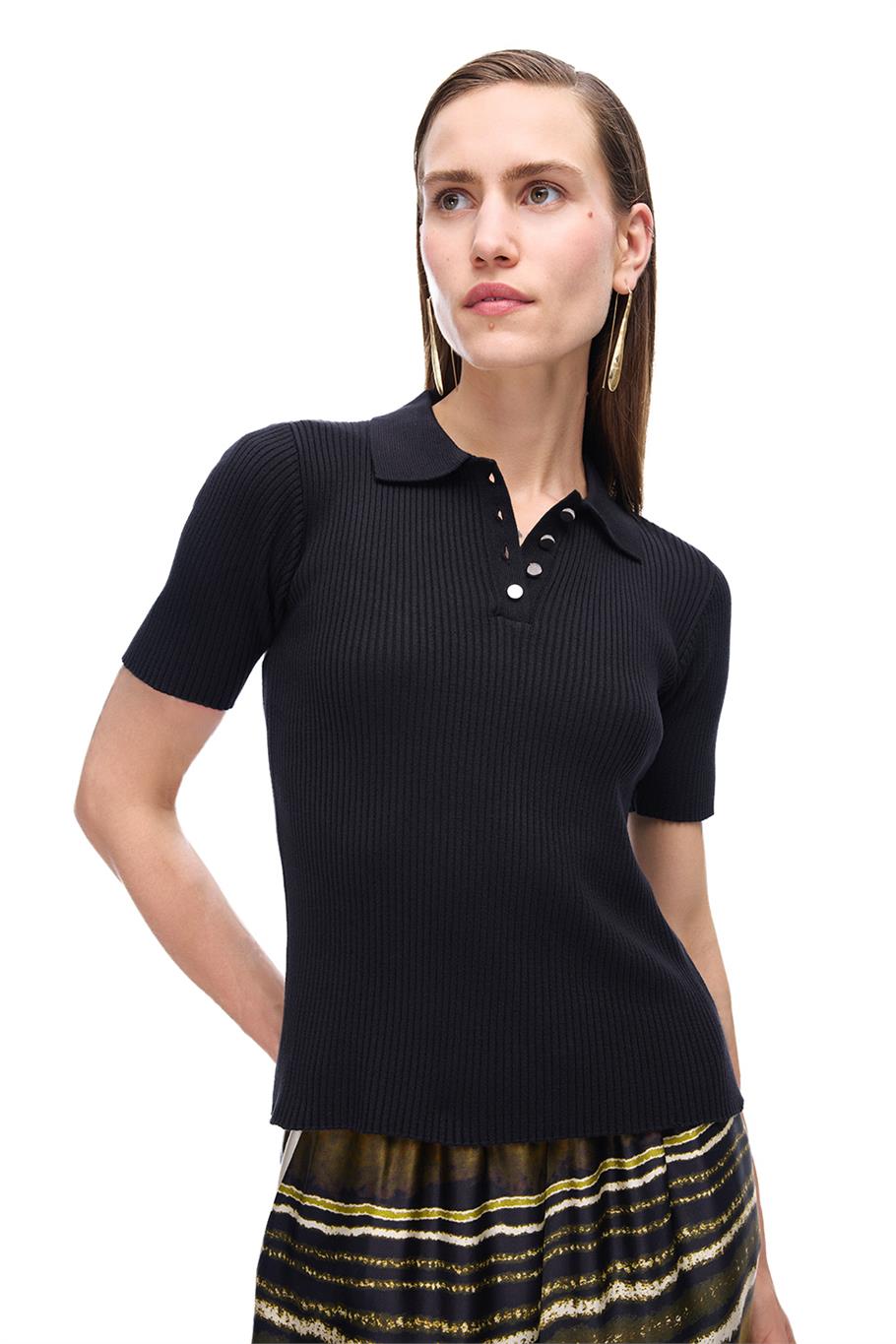 Triko Slim Fit Standart Boy Takma Kol Gömlek Yaka Siyah Bluz