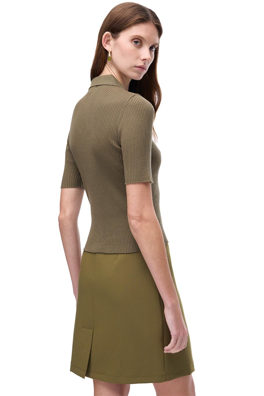 Triko Slim Fit Standart Boy Takma Kol Gömlek Yaka Hakı Bluz