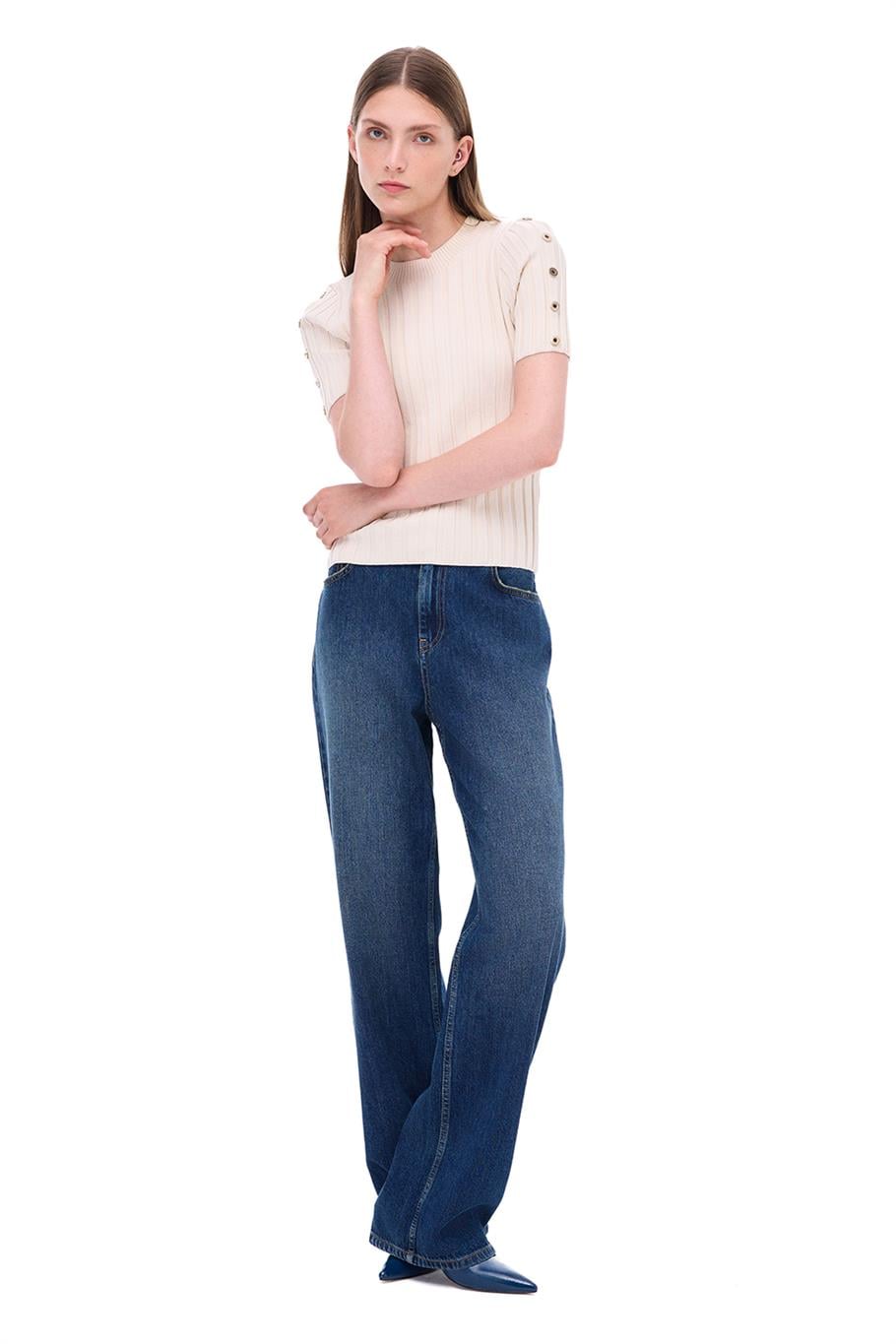 Triko Slim Fit Standart Boy Takma Kol Bisiklet Yaka Bej Bluz
