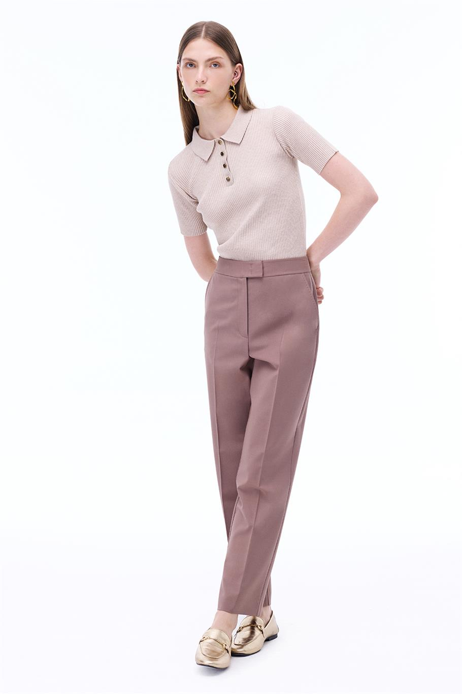 Triko Slim Fit Standart Boy Takma Kol Gömlek Yaka Vizon Bluz