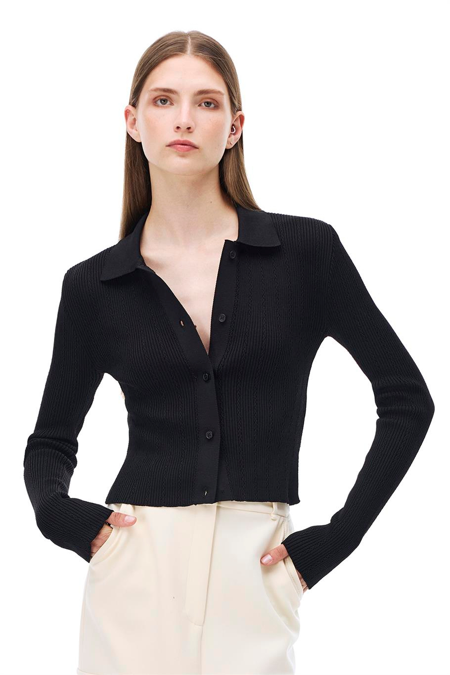 Triko Slim Fit Standart Boy Takma Kol Gömlek Yaka Siyah Bluz