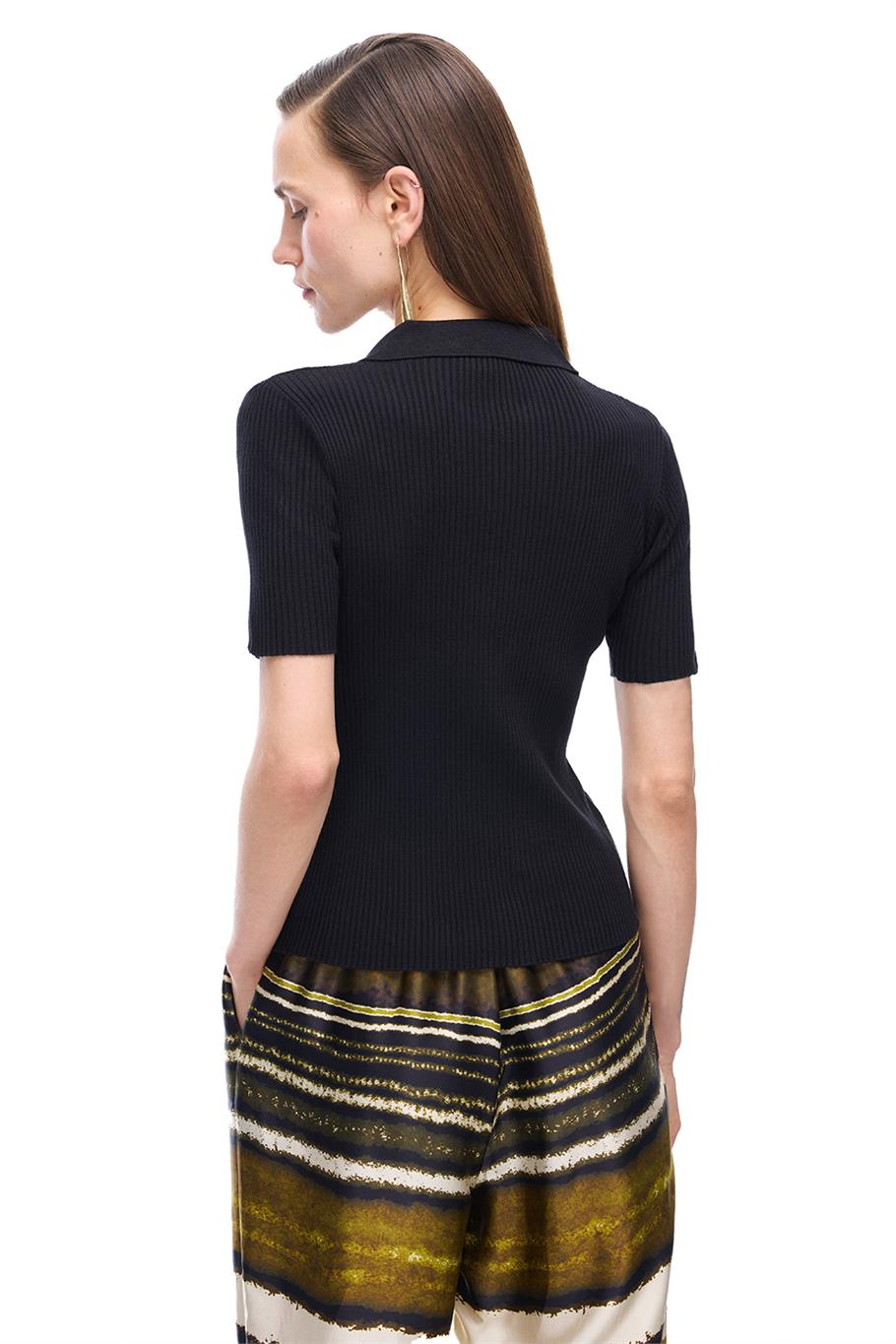 Triko Slim Fit Standart Boy Takma Kol Gömlek Yaka Siyah Bluz