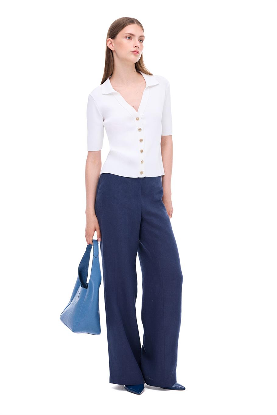 Triko Slim Fit Standart Boy Takma Kol Gömlek Yaka Ekru Bluz