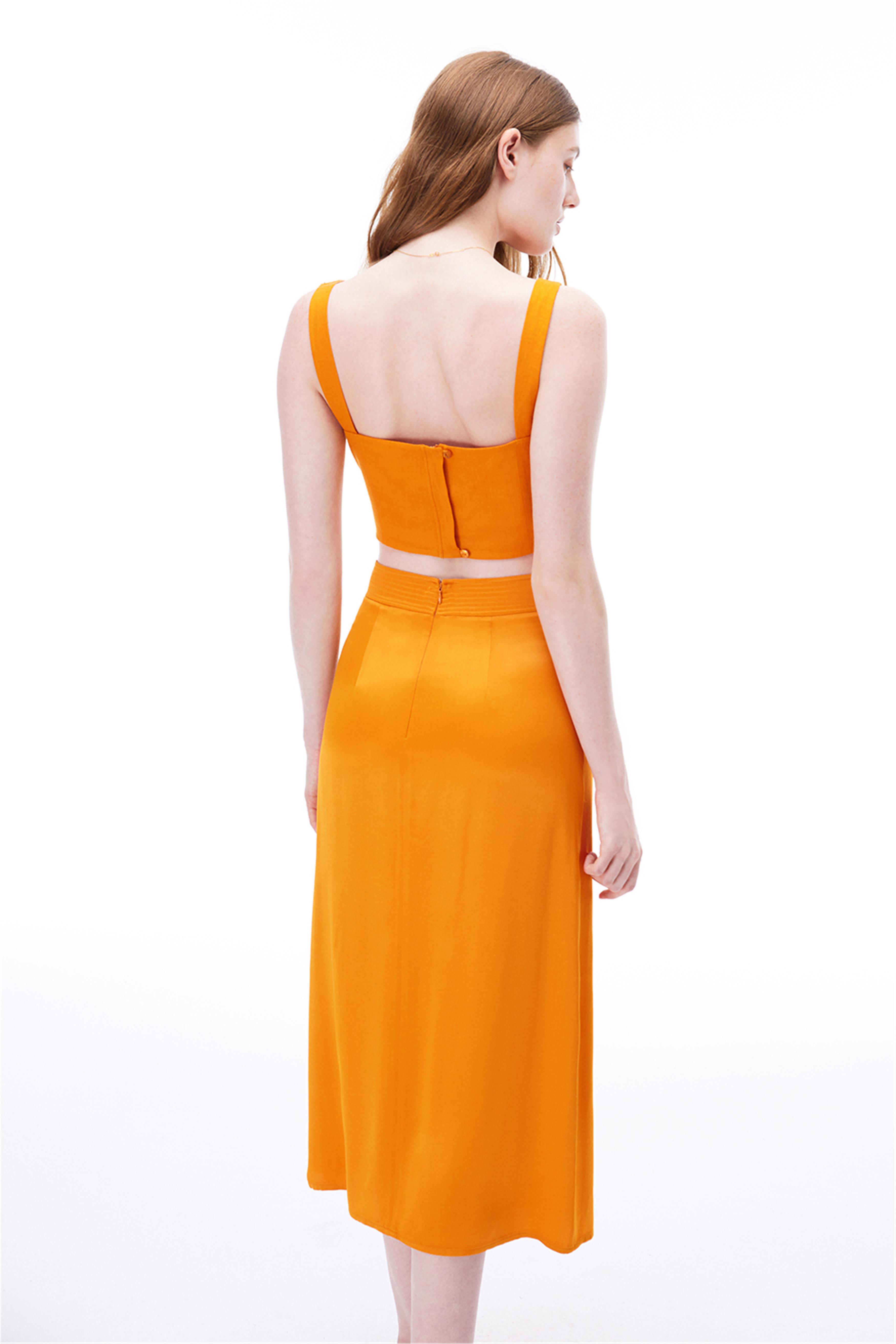 Turuncu %100 Keten V Yaka Askılı Crop Bluz