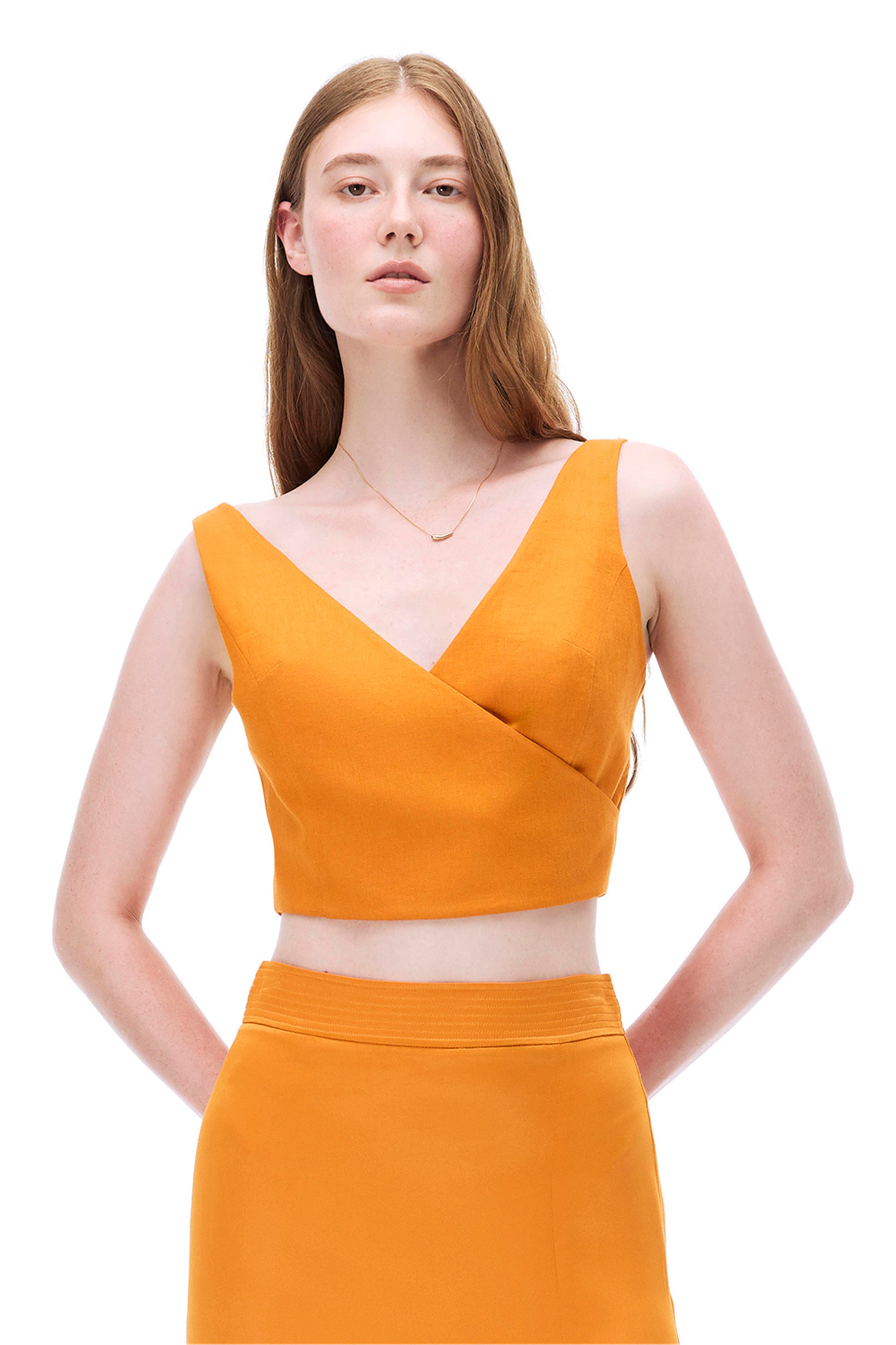 Turuncu %100 Keten V Yaka Askılı Crop Bluz