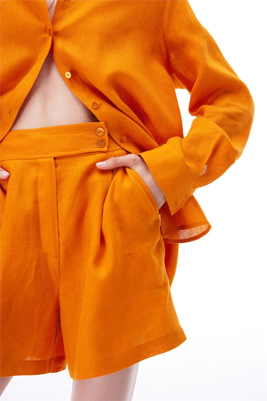Turuncu %100 Keten Yüksek Bel Straight Leg Şort