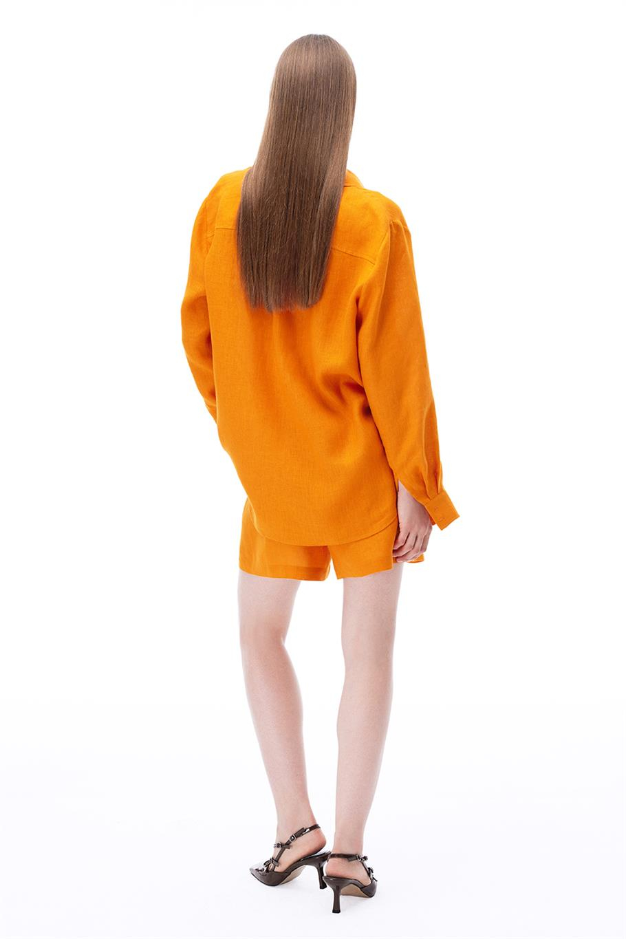 Turuncu %100 Keten Yüksek Bel Straight Leg Şort