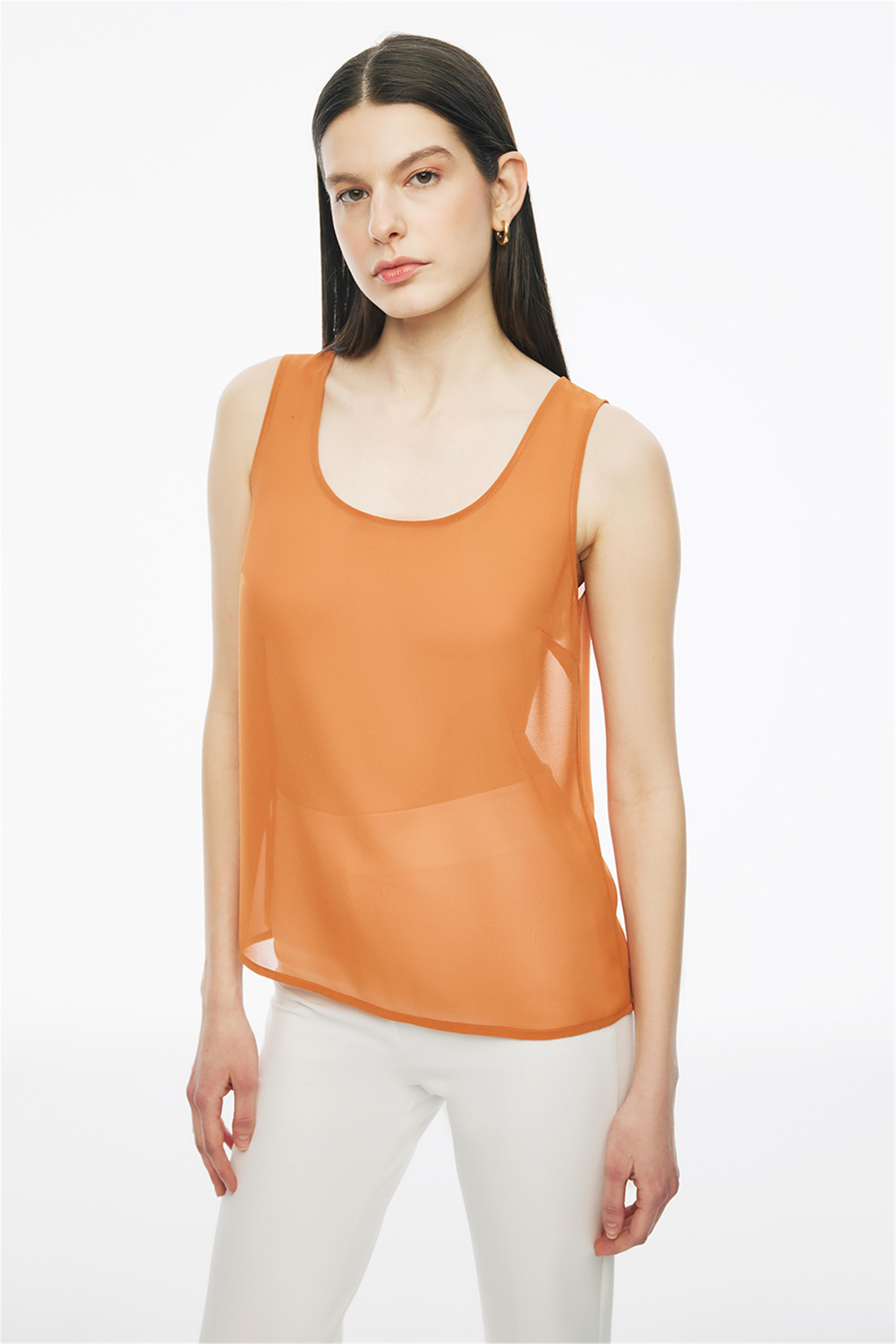 Turuncu Judy Regular Fit V-Yaka Sıfır Kol Bluz