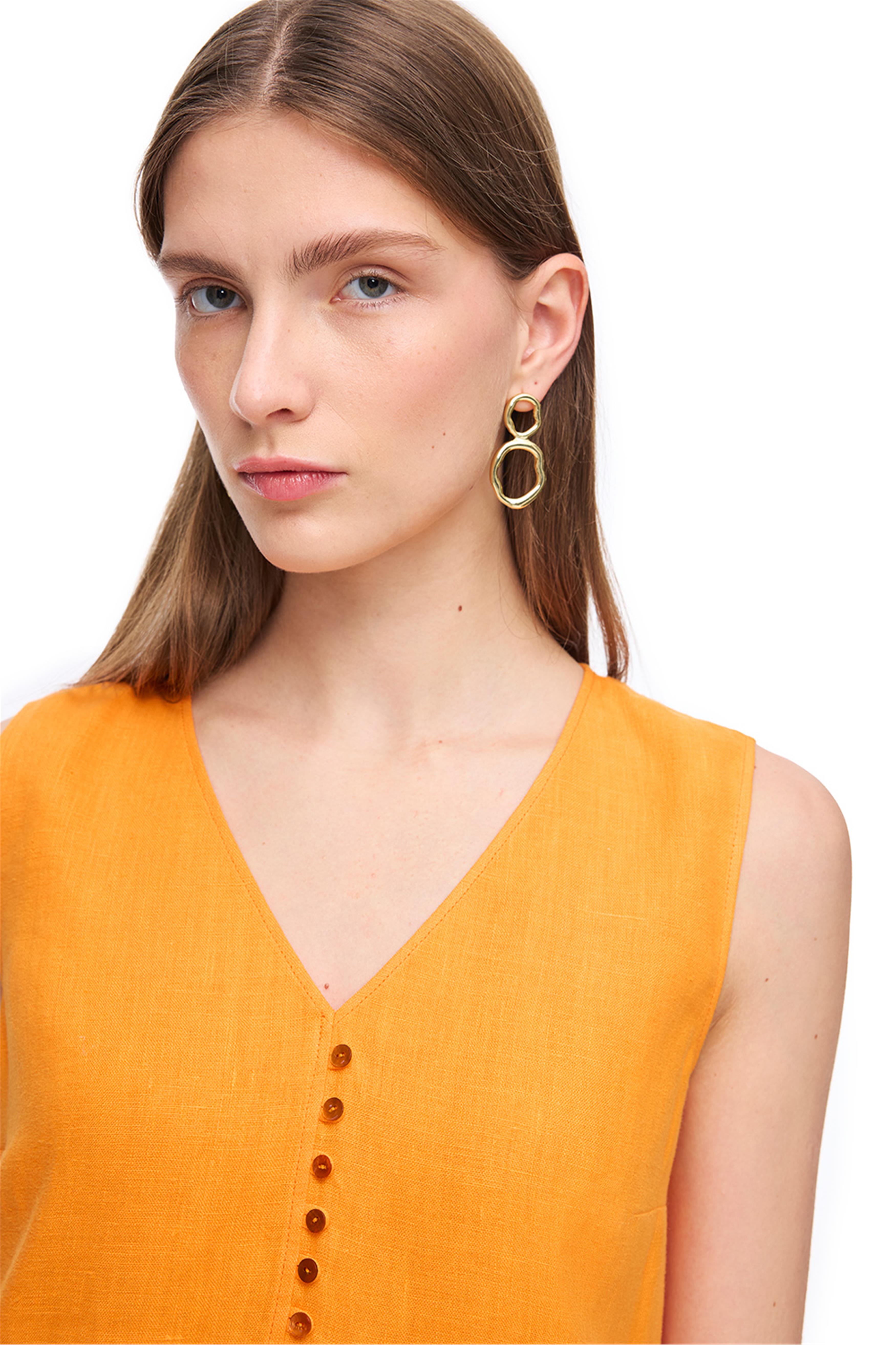 Turuncu Keten V-Yaka Midi Elbise