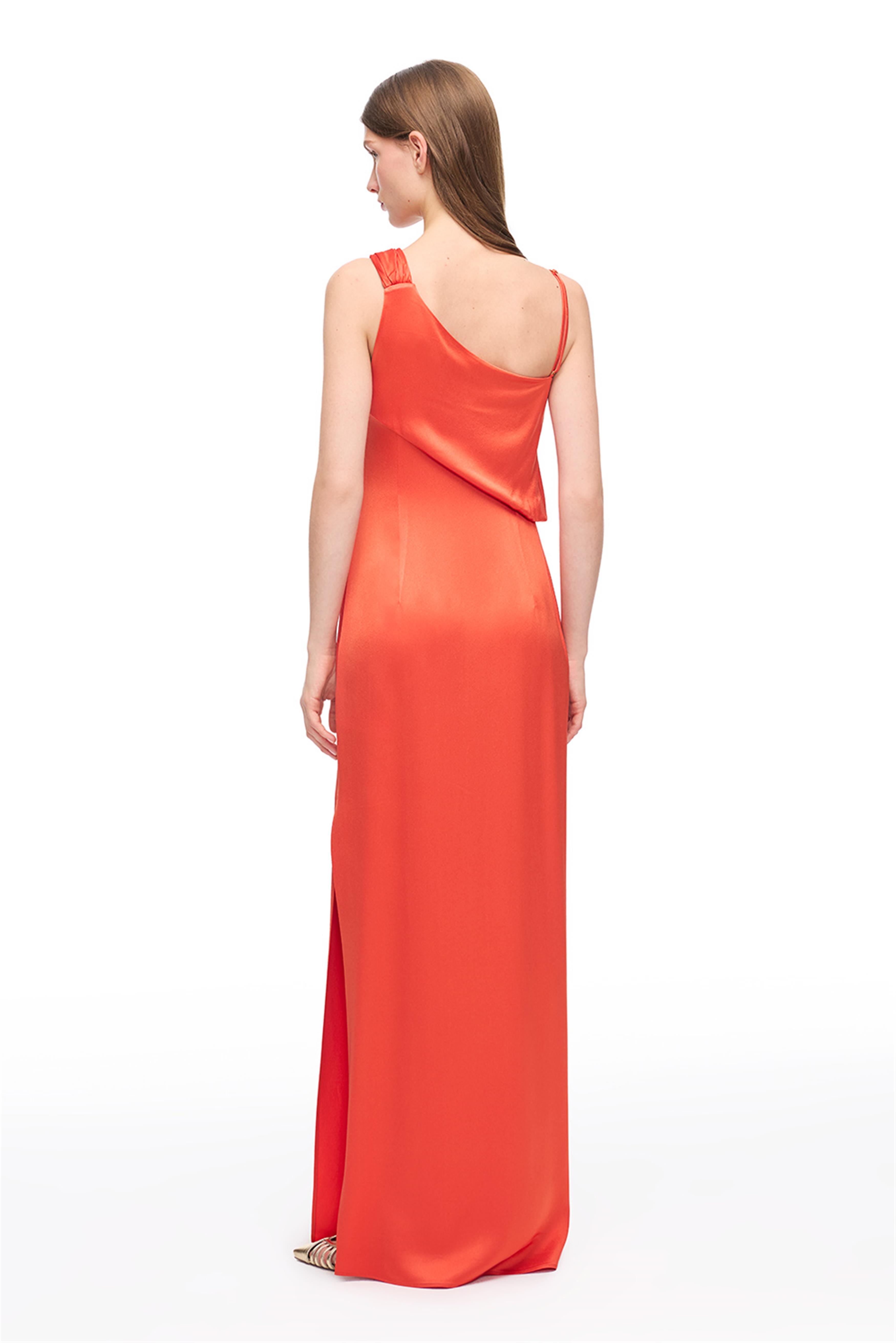 Turuncu Tek Omuzlu Saten Uzun Elbise