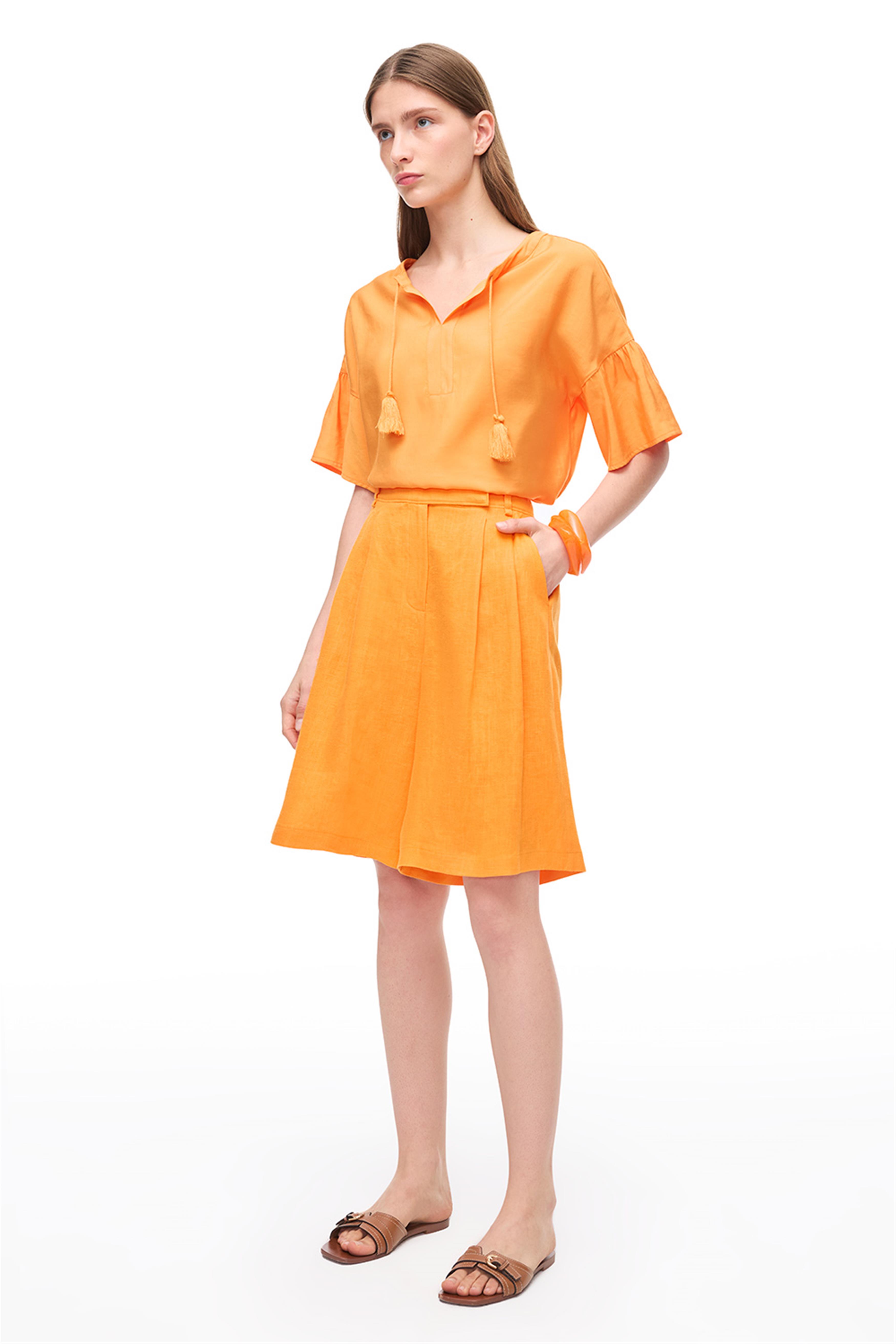 Turuncu Yüksek Bel Keten Şort