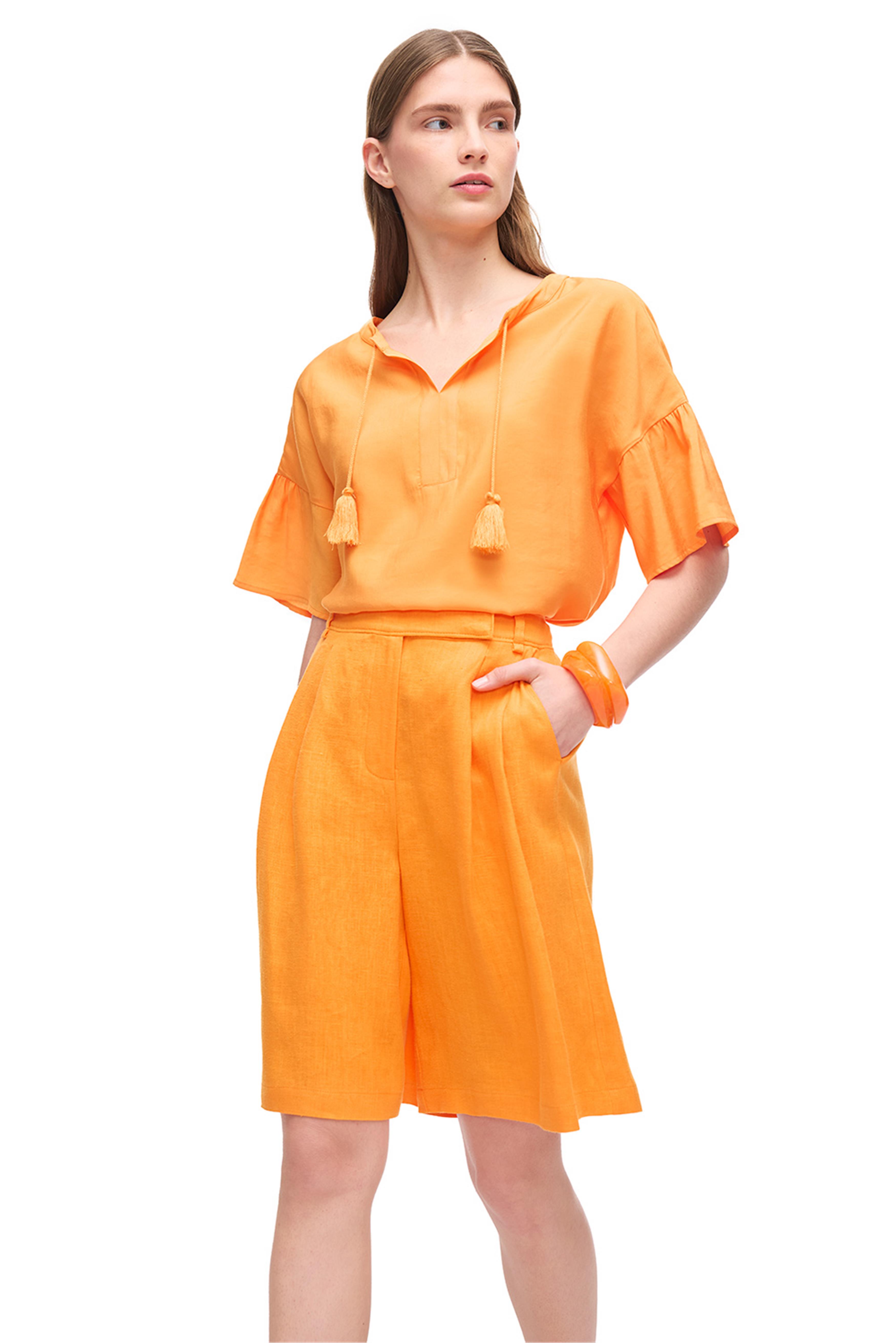 Turuncu Yüksek Bel Keten Şort